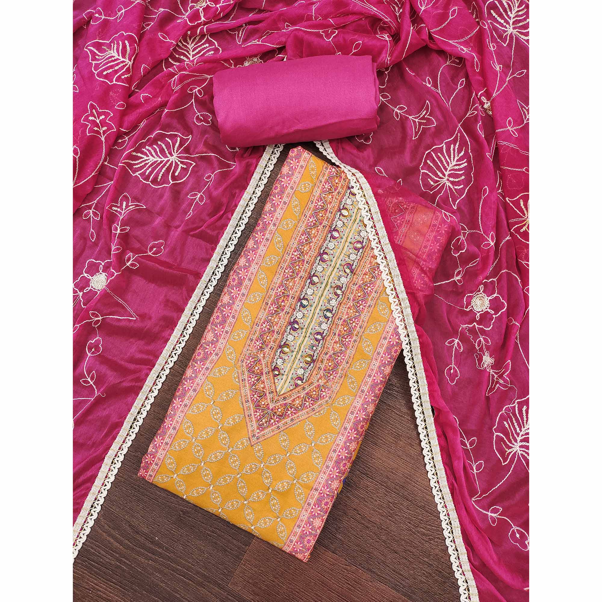 Pink & Yellow Pure Cotton Dress Material With Digital Prints & Elegant Moti Handwork Accents - Image 3
