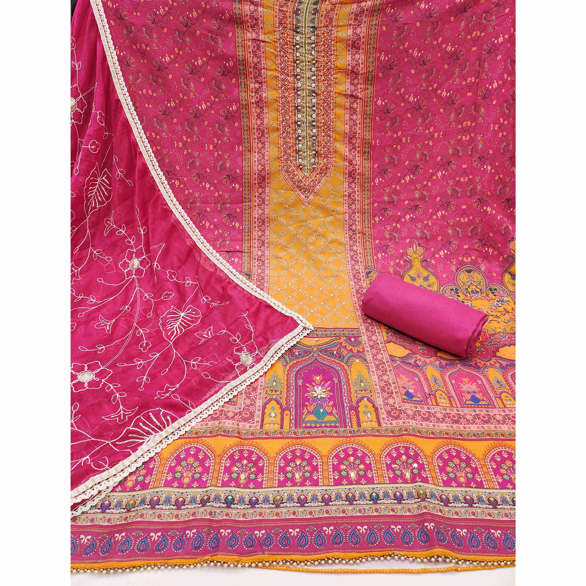 Pink & Yellow Pure Cotton Dress Material With Digital Prints & Elegant Moti Handwork Accents - Image 4