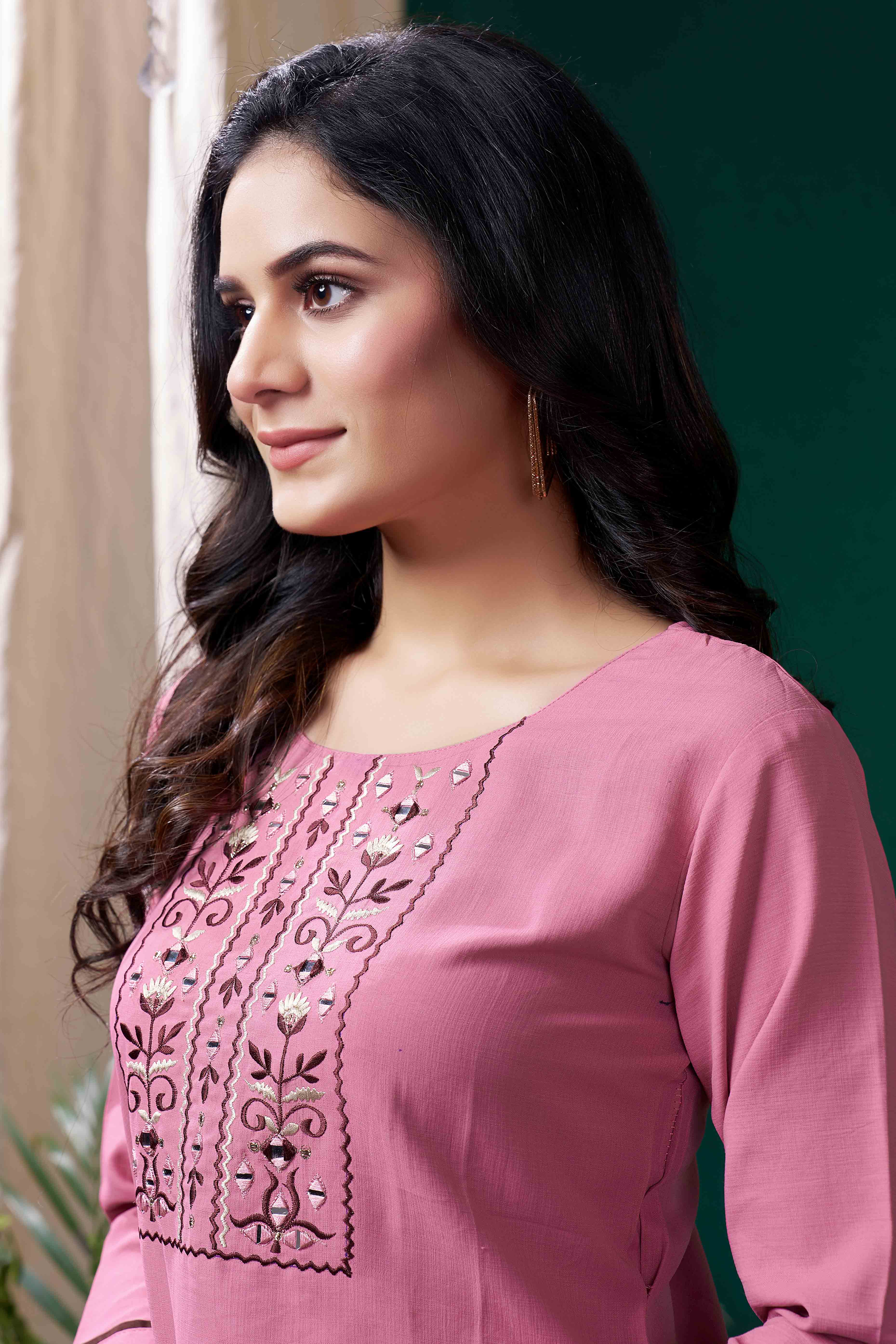 Pink Yoke Embroidered Pure Cotton Straight Kurti - Image 5