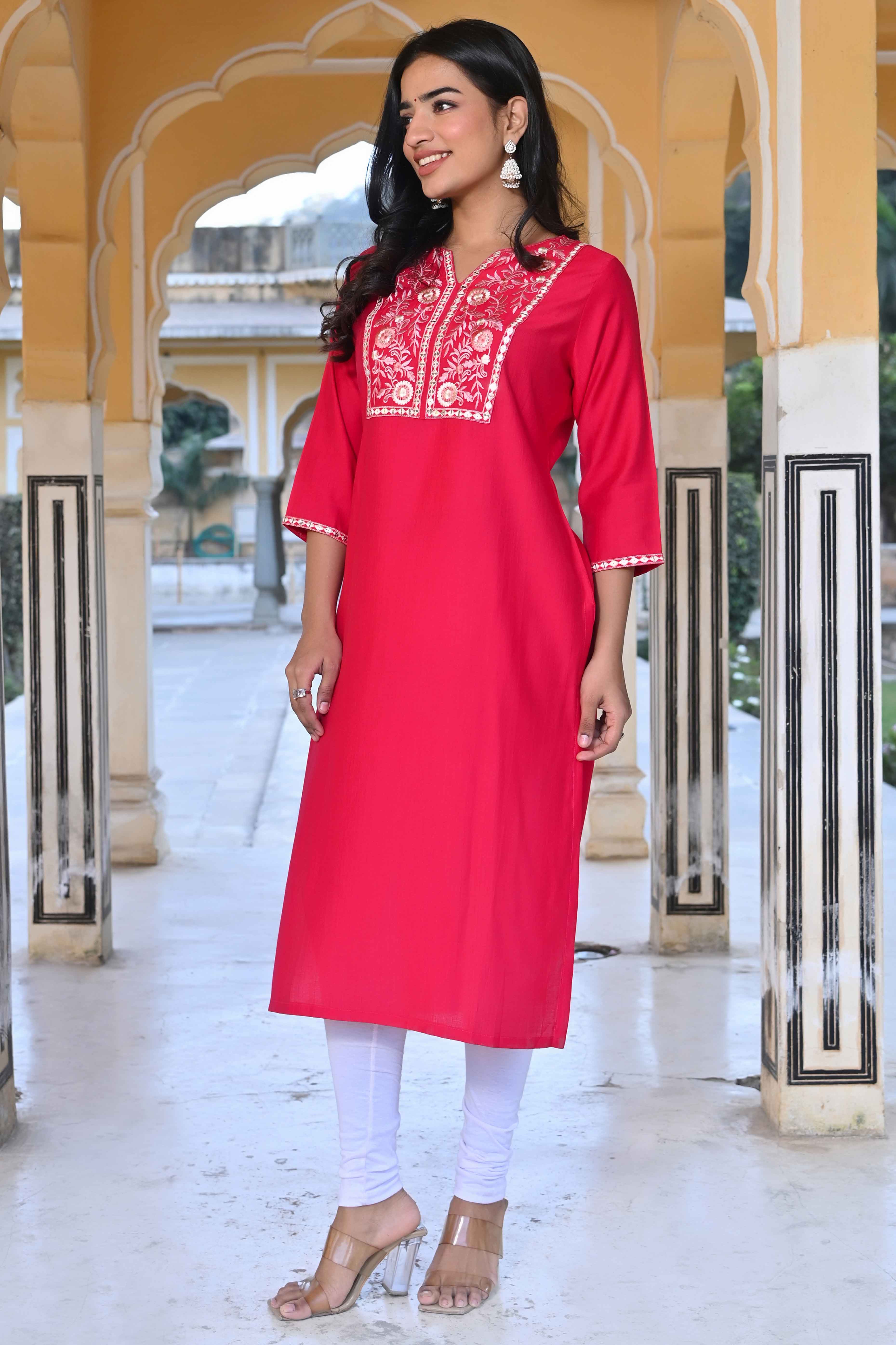 Pink Yoke Embroidered Pure Cotton Straight Kurti - Image 3