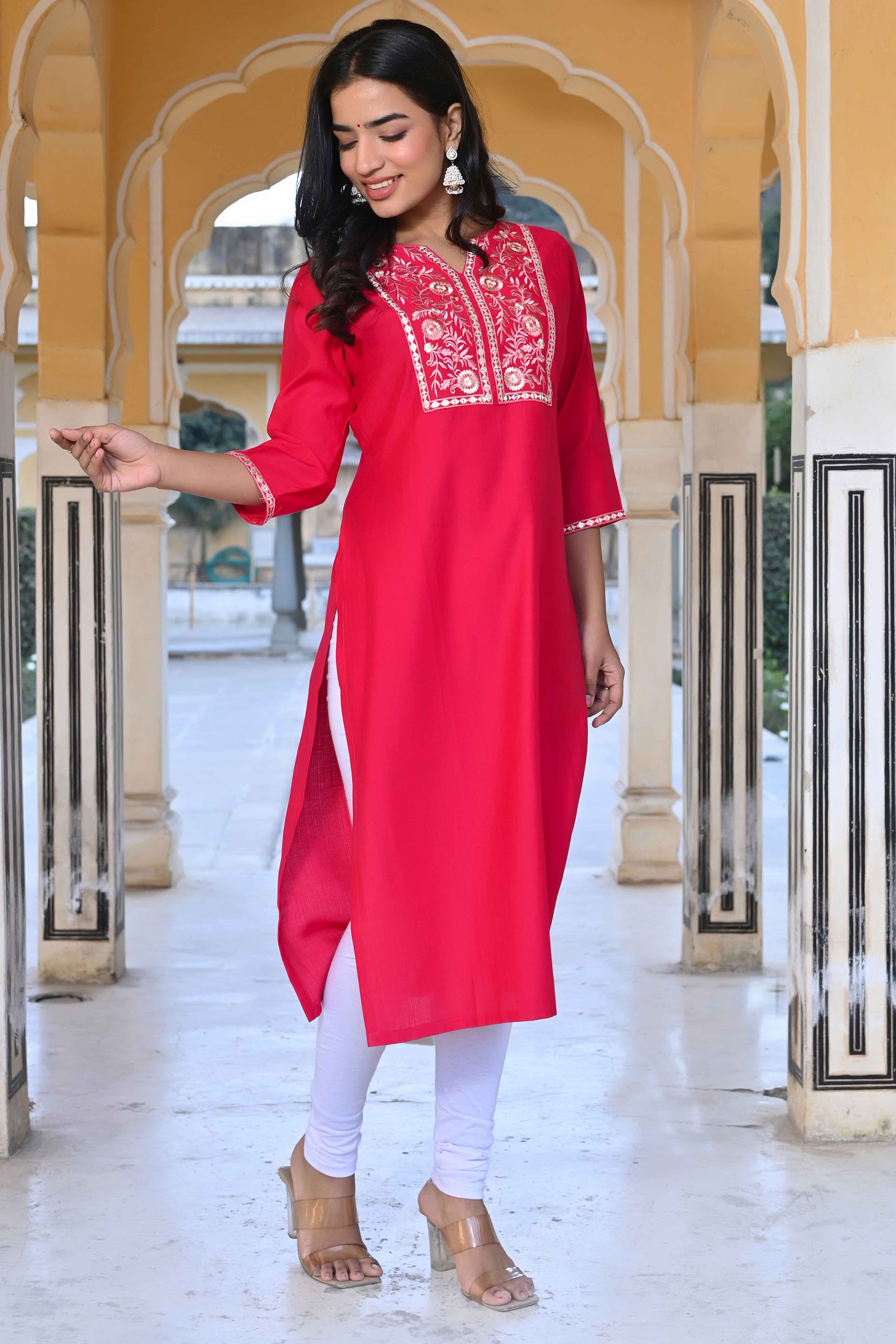 Pink Yoke Embroidered Pure Cotton Straight Kurti - Image 4