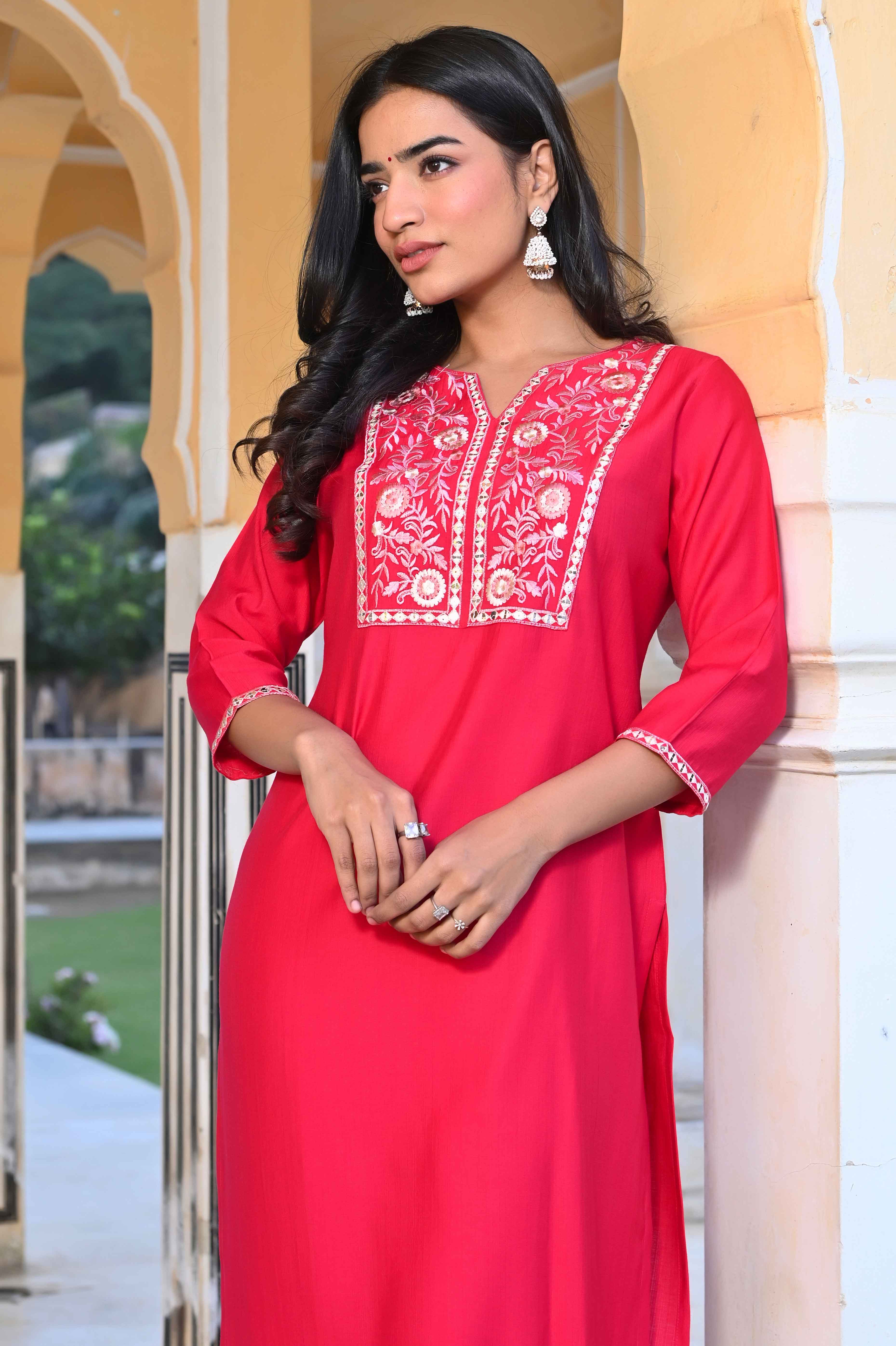 Pink Yoke Embroidered Pure Cotton Straight Kurti - Image 8