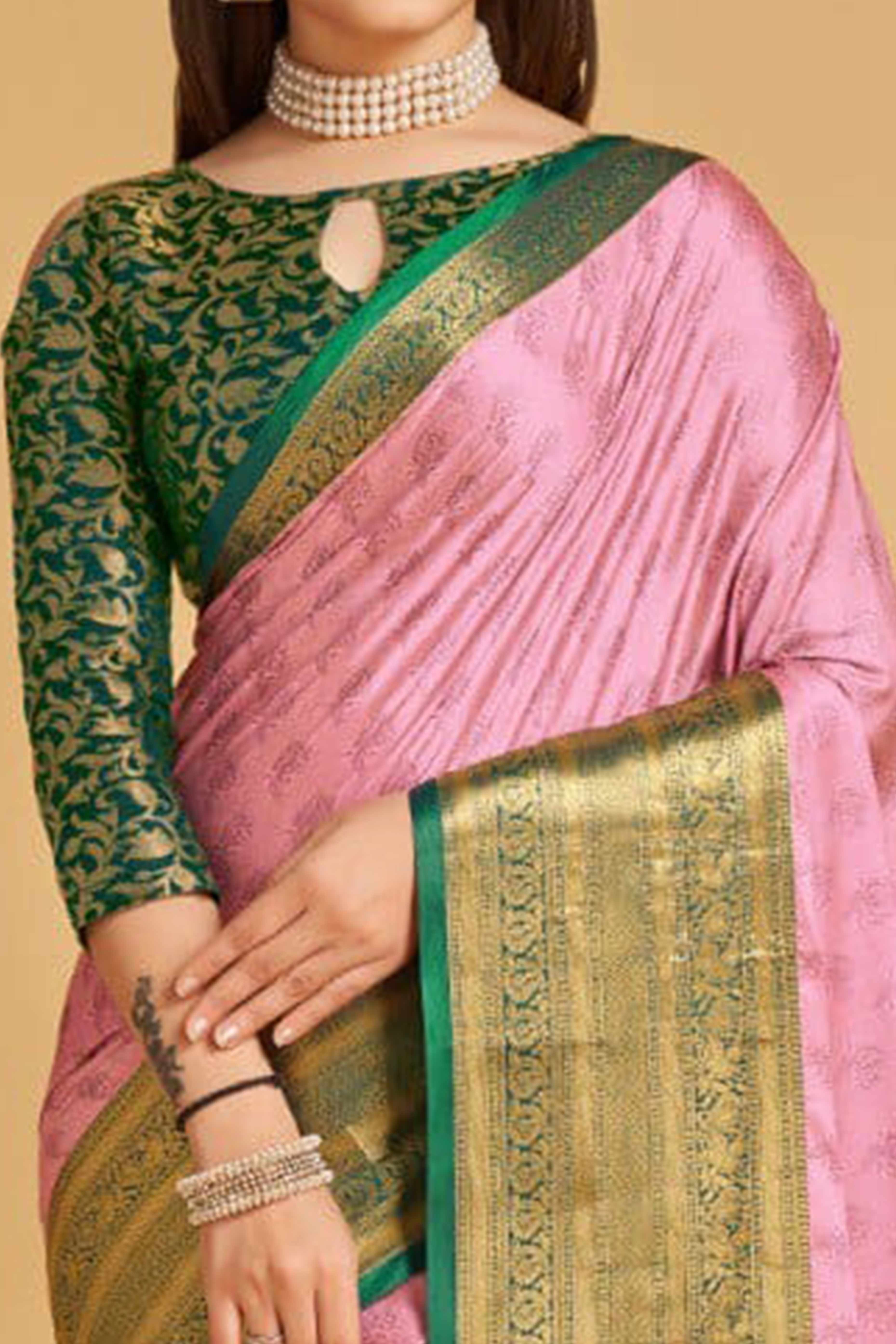Pink Zari Weaving Banarasi Silk Saree - Image 2
