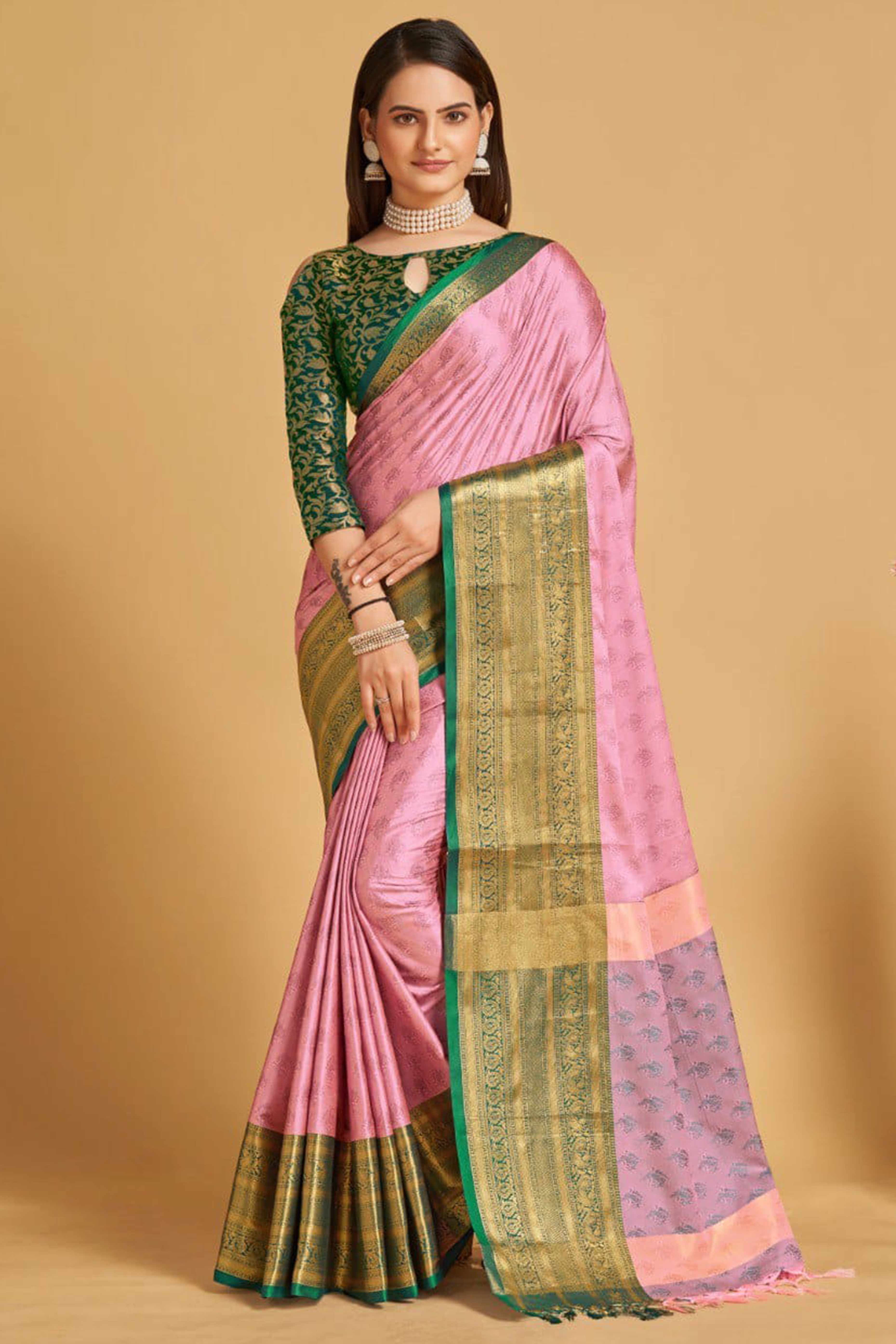 Pink Zari Weaving Banarasi Silk Saree - Image 3