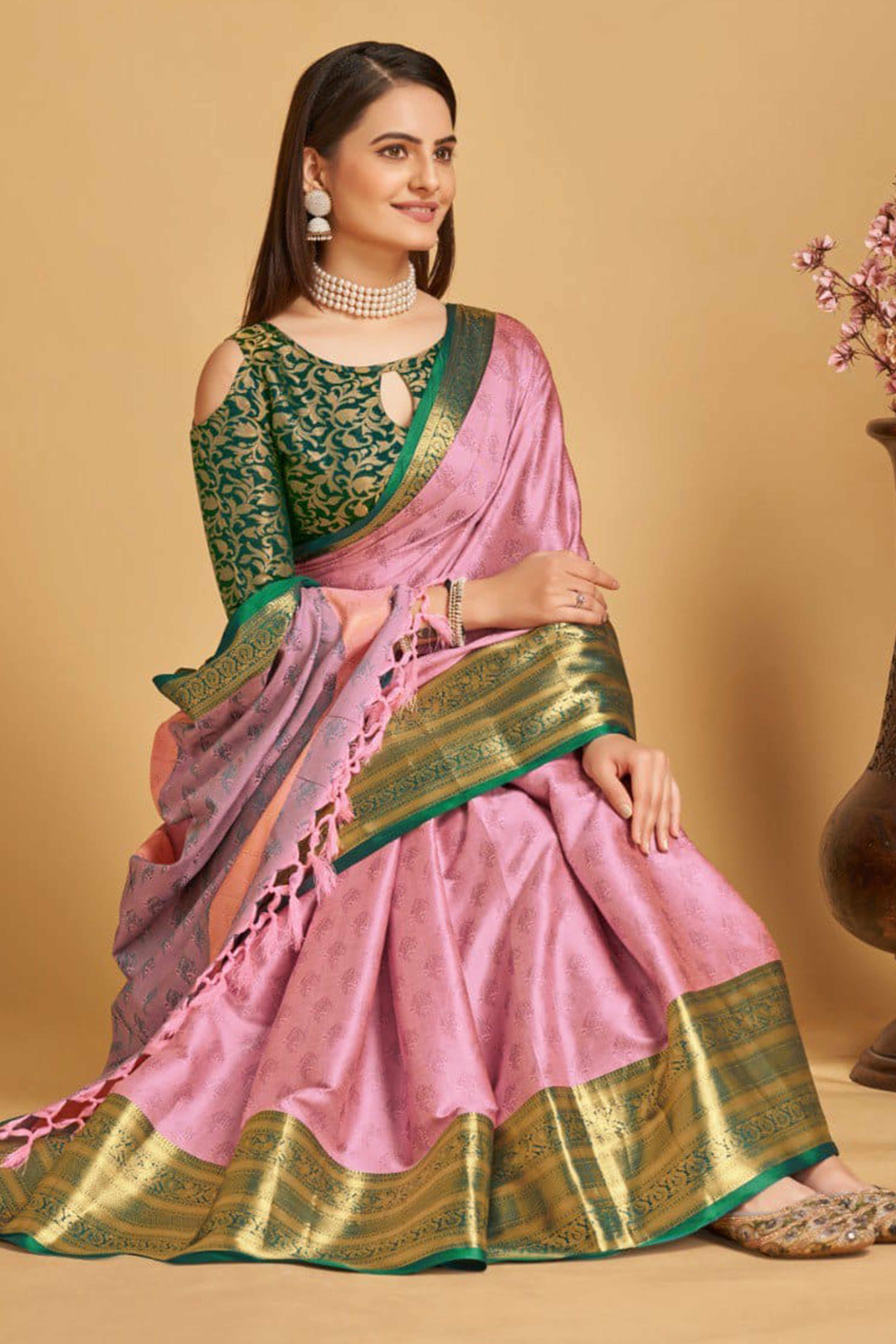 Pink Zari Weaving Banarasi Silk Saree - Image 4