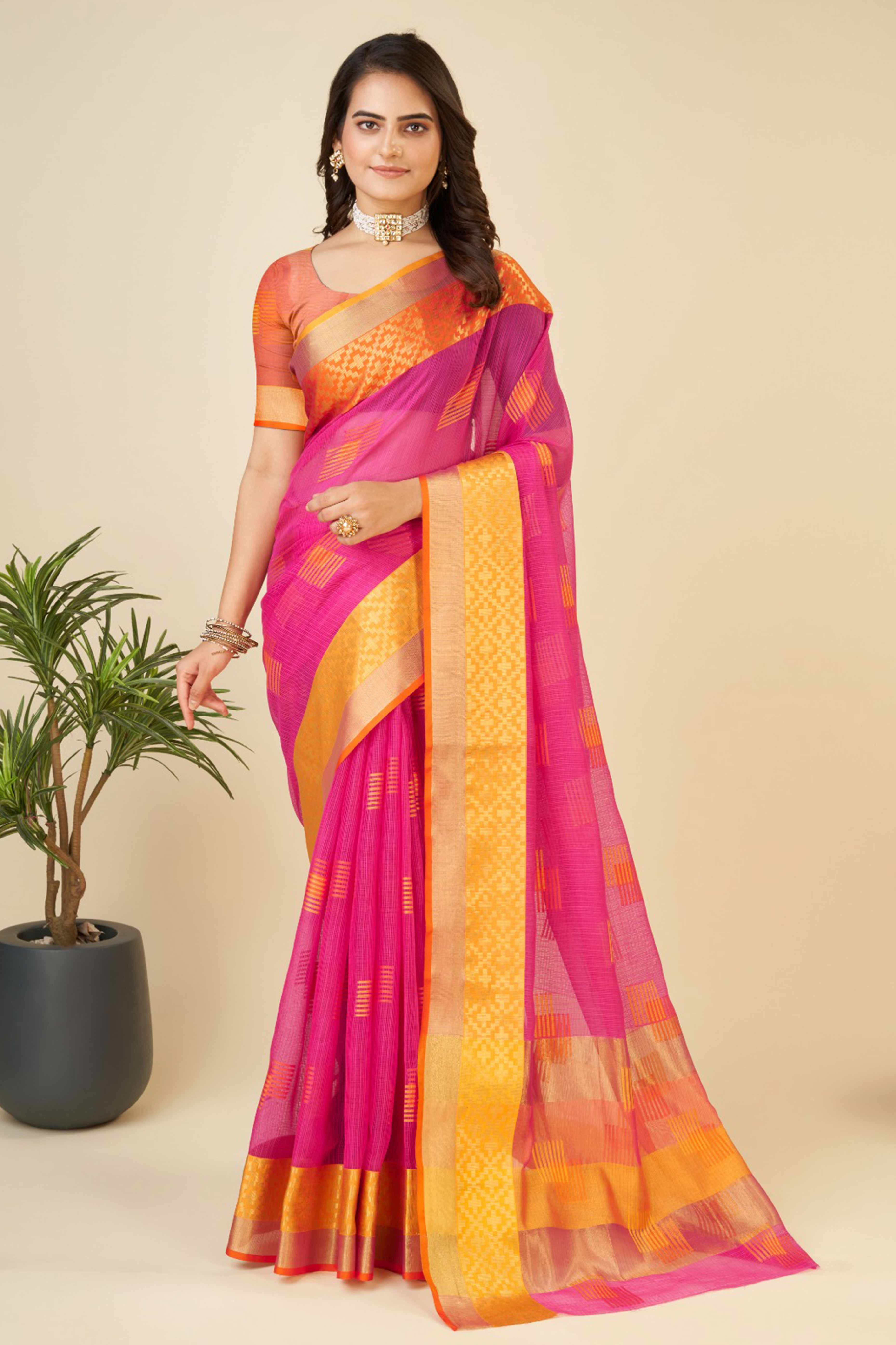 Pink Zari Weaving Cotton Blend Saree - Image 3