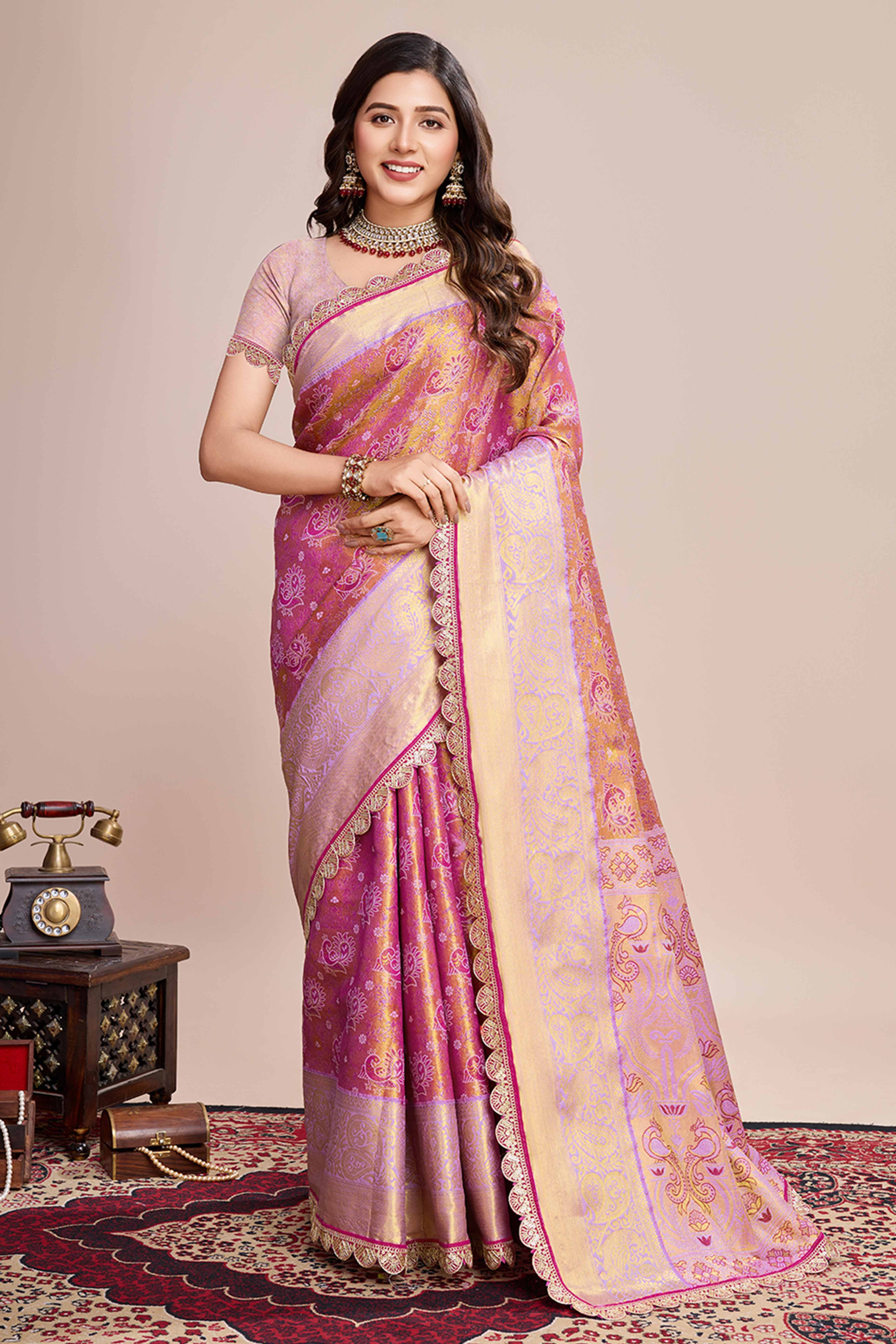 Pink Zari Weaving Kanjivaram Silk Saree - Image 3