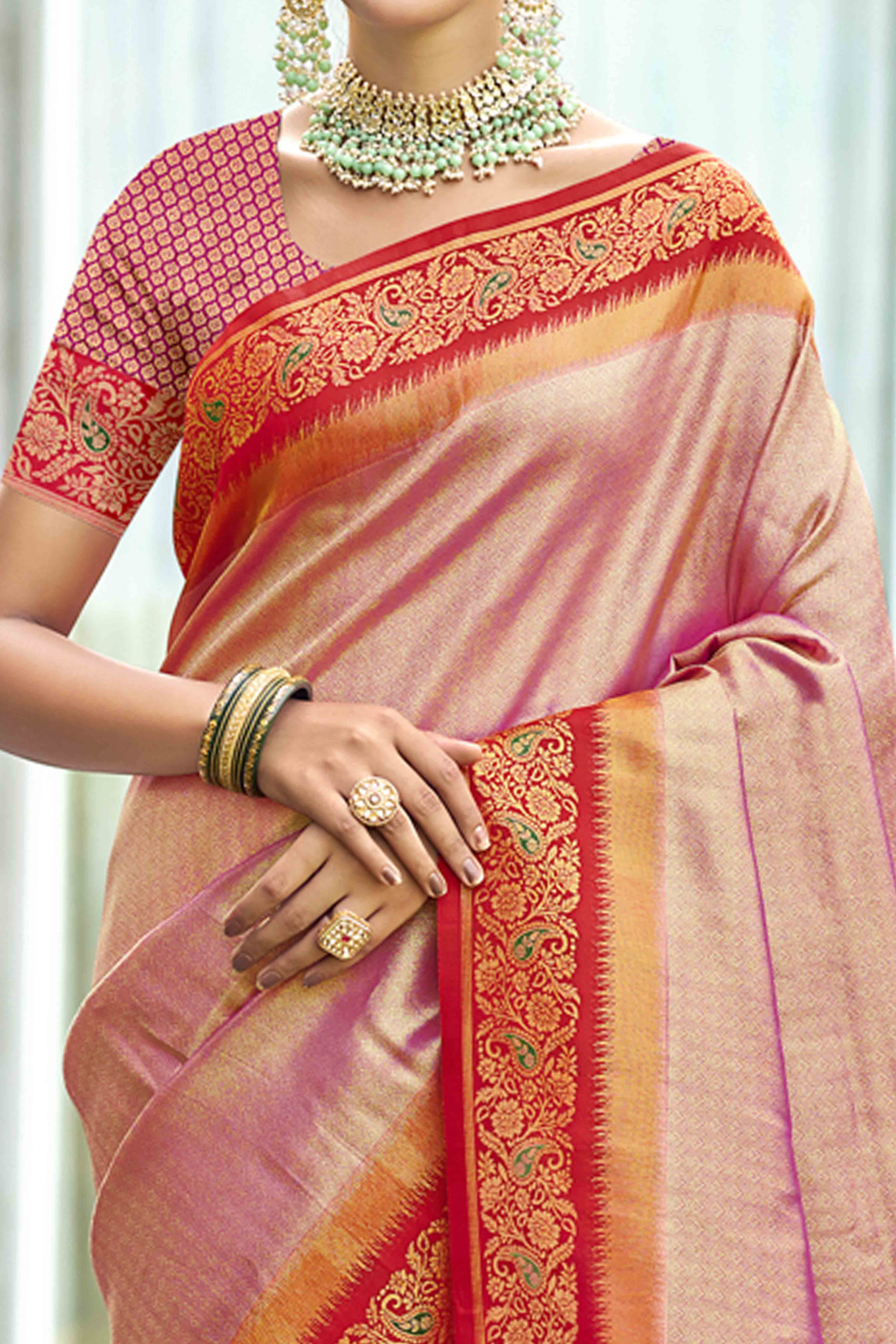 Pink Zari Weaving Organza Saree - Image 2