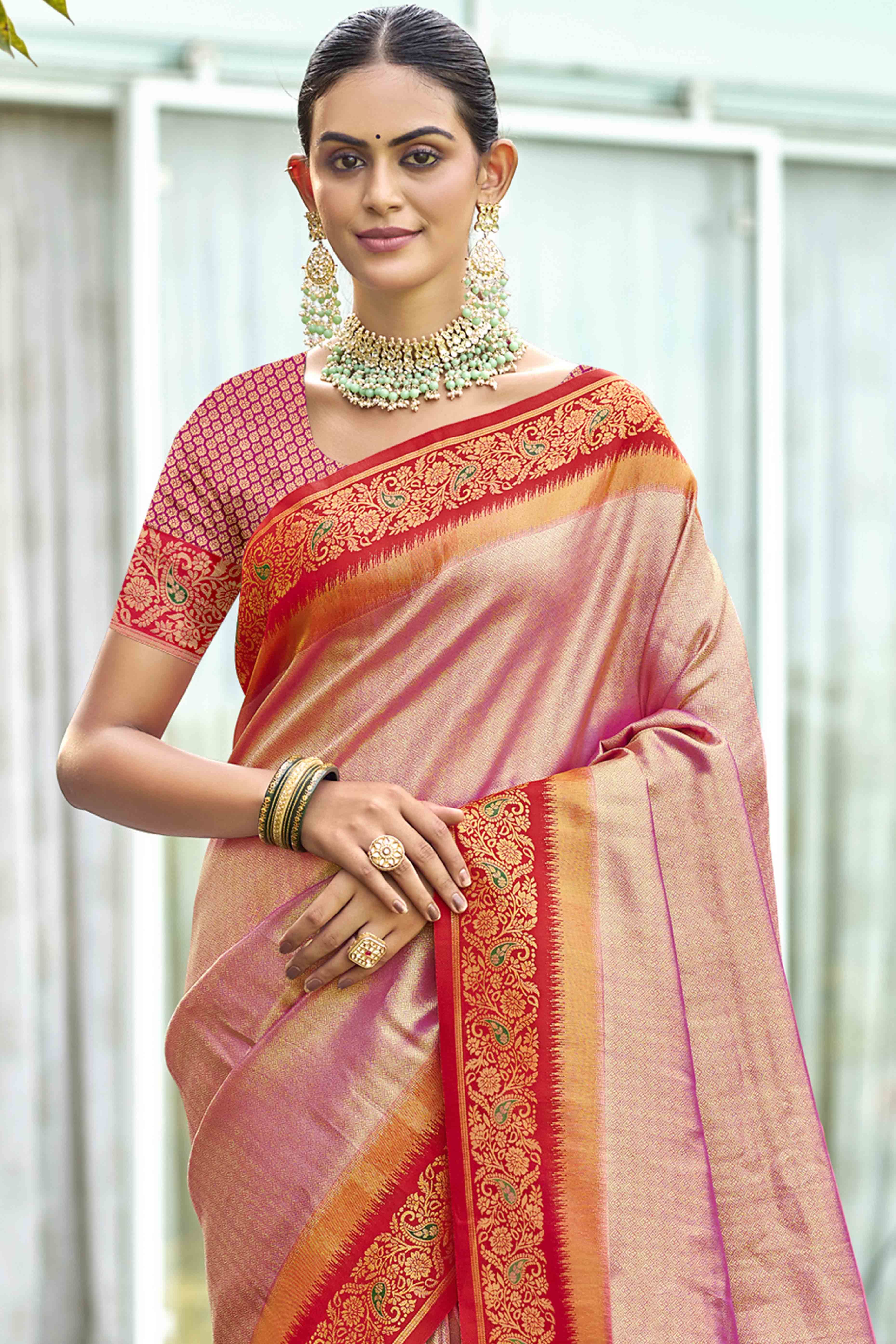 Pink Zari Weaving Organza Saree - Image 3