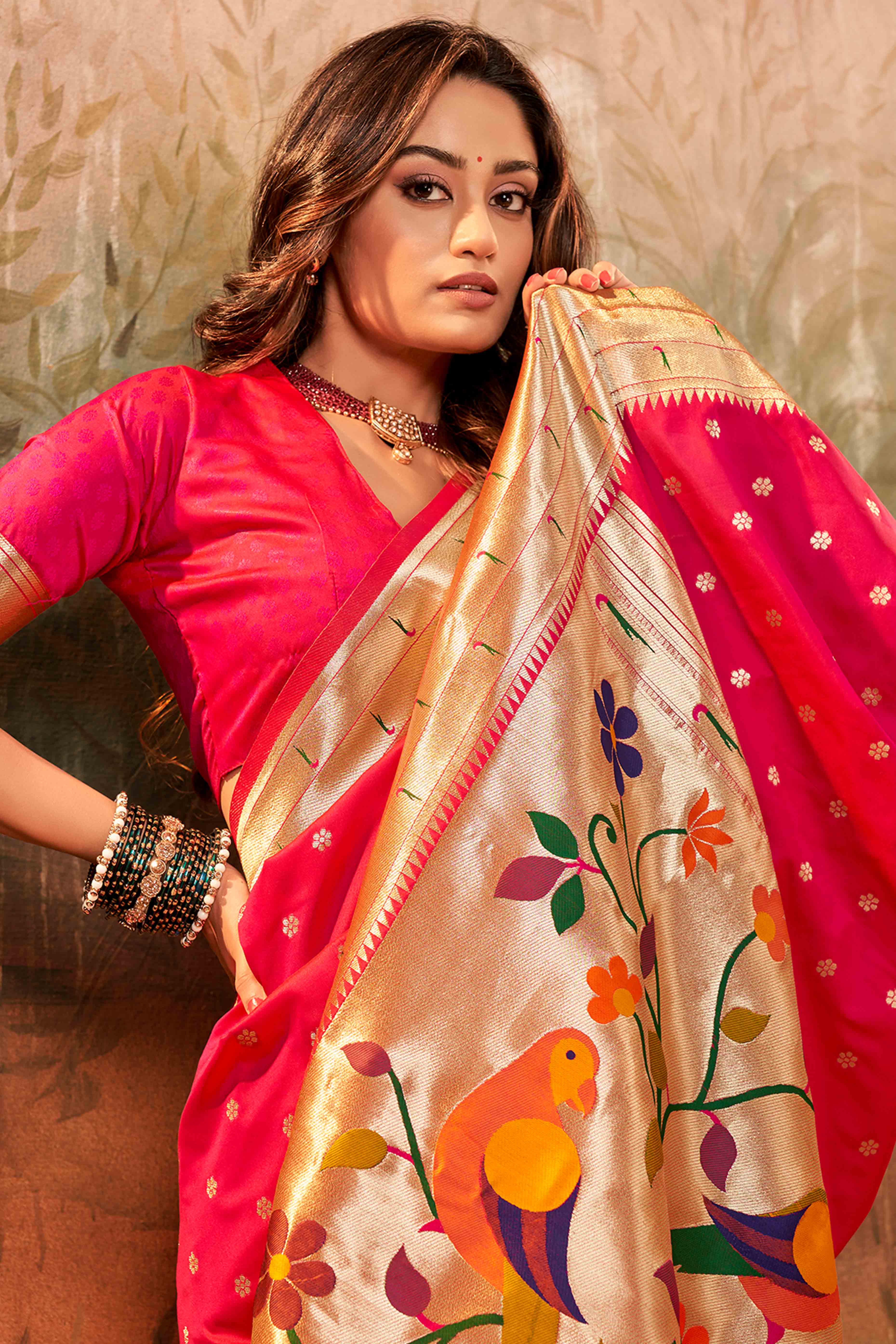 Pink Zari Weaving Pure Silk Paithani Saree - Image 3