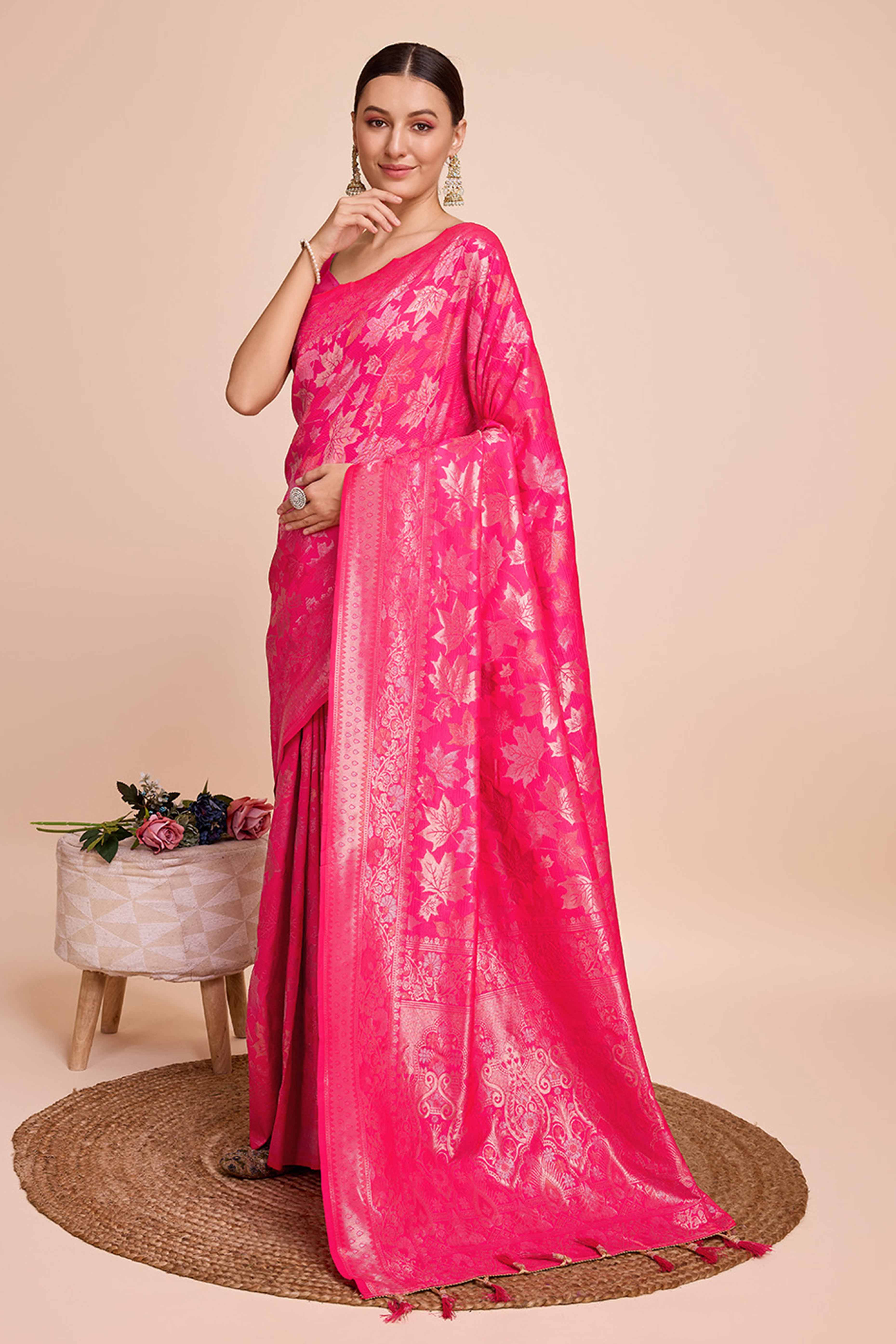Pink Zari Weaving Pure Silk Saree - Image 3