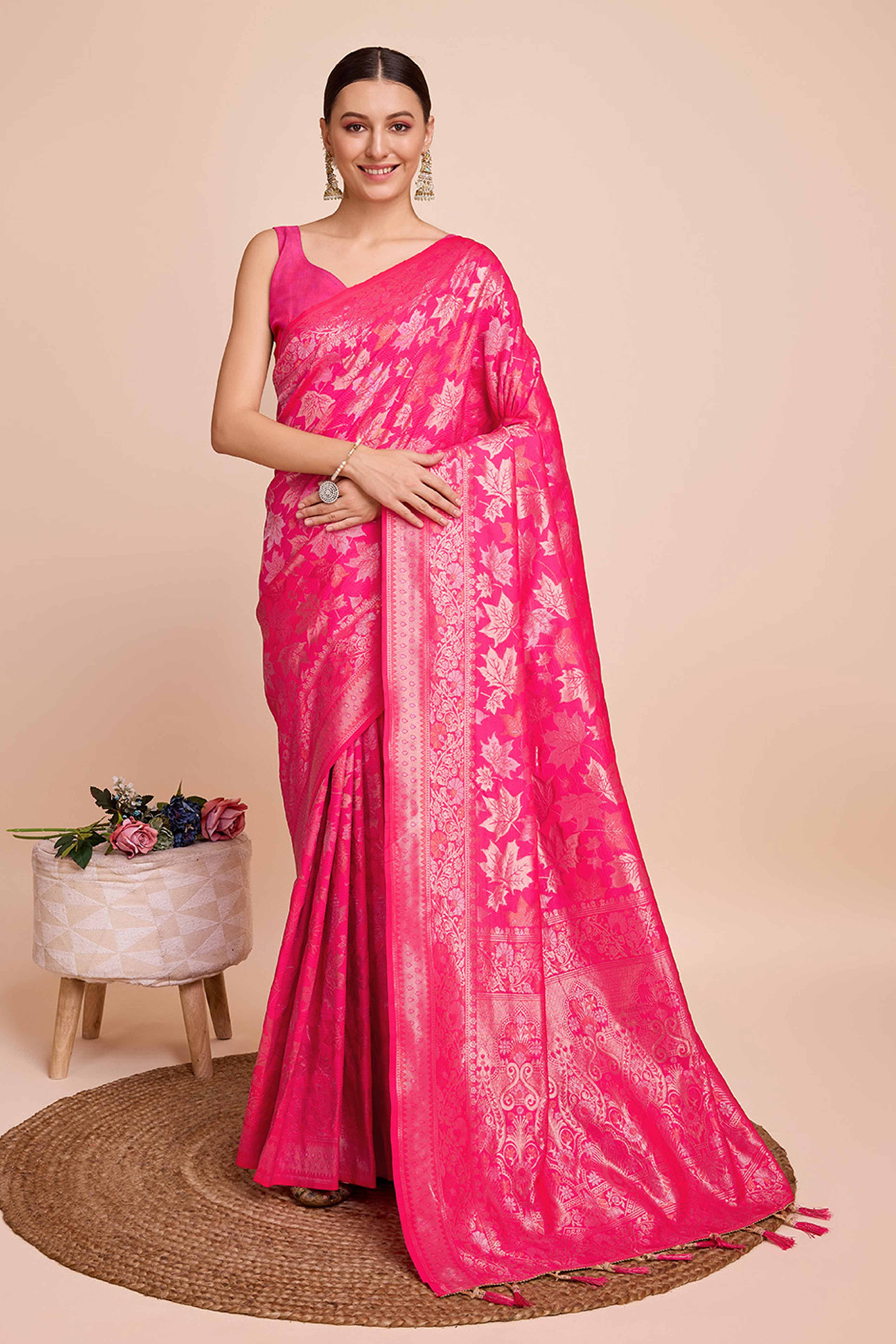 Pink Zari Weaving Pure Silk Saree - Image 4