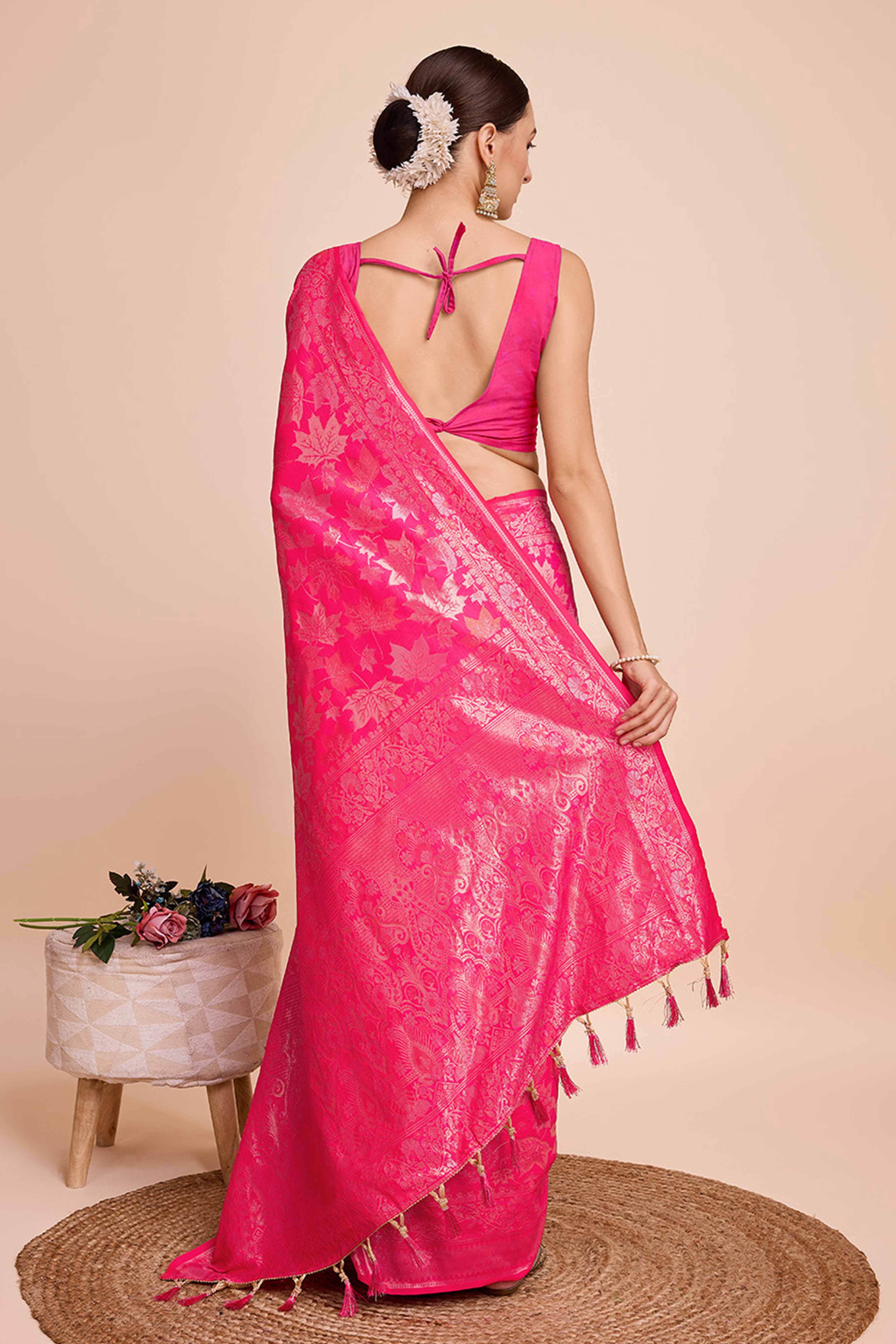 Pink Zari Weaving Pure Silk Saree - Image 5