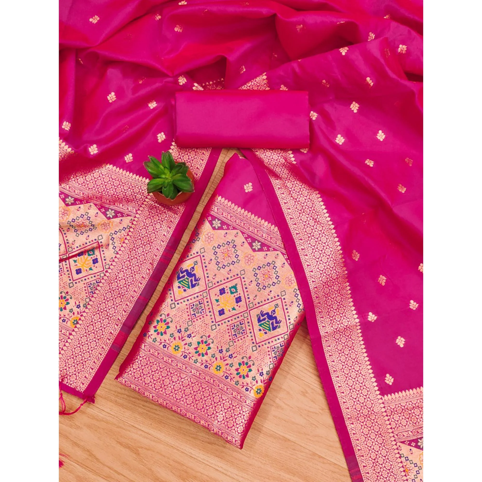 Pink Zari Weaving Soft Banarasi Silk Dress Material - Image 3