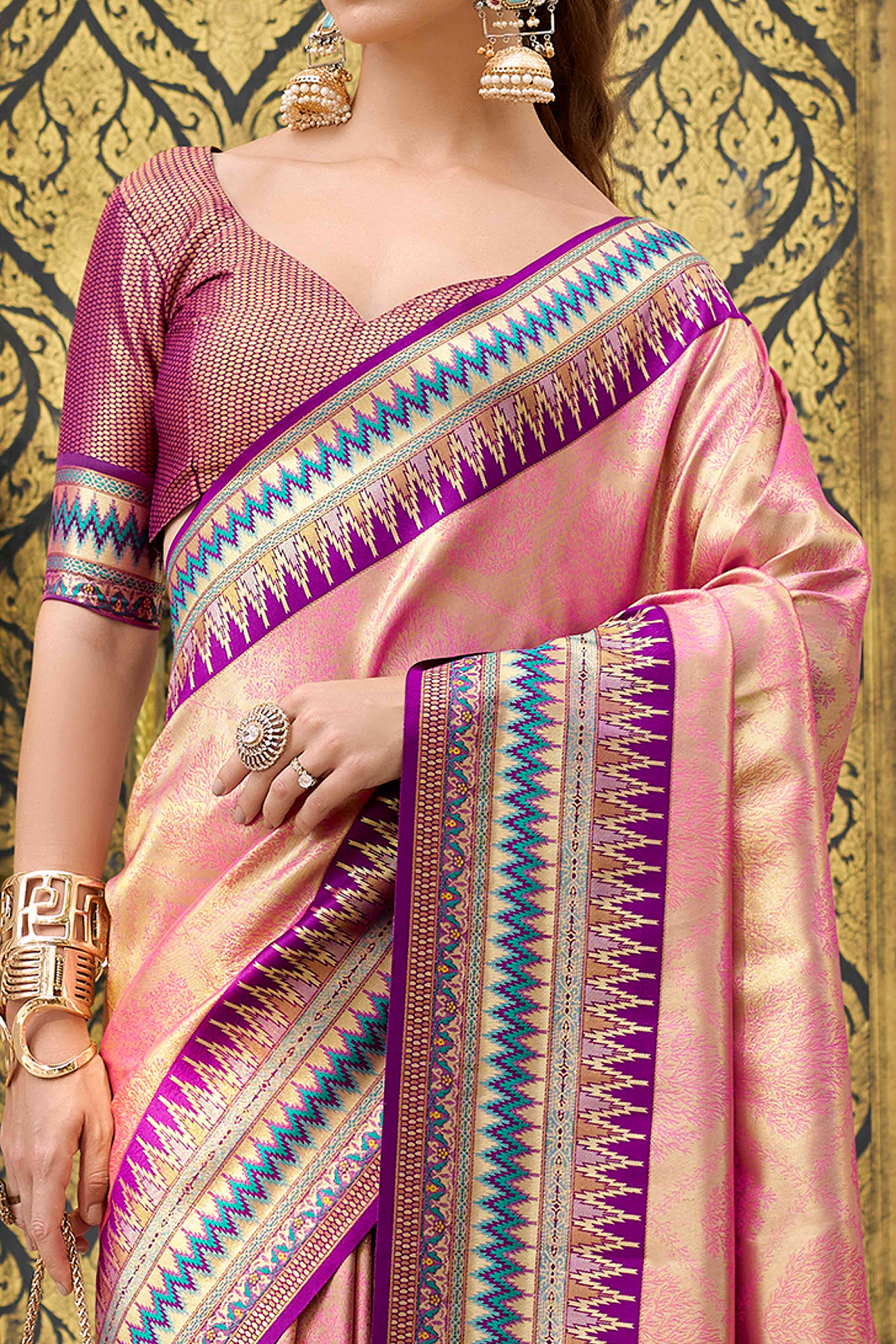 Pink Zari Weaving Tissue Silk Saree - Image 2