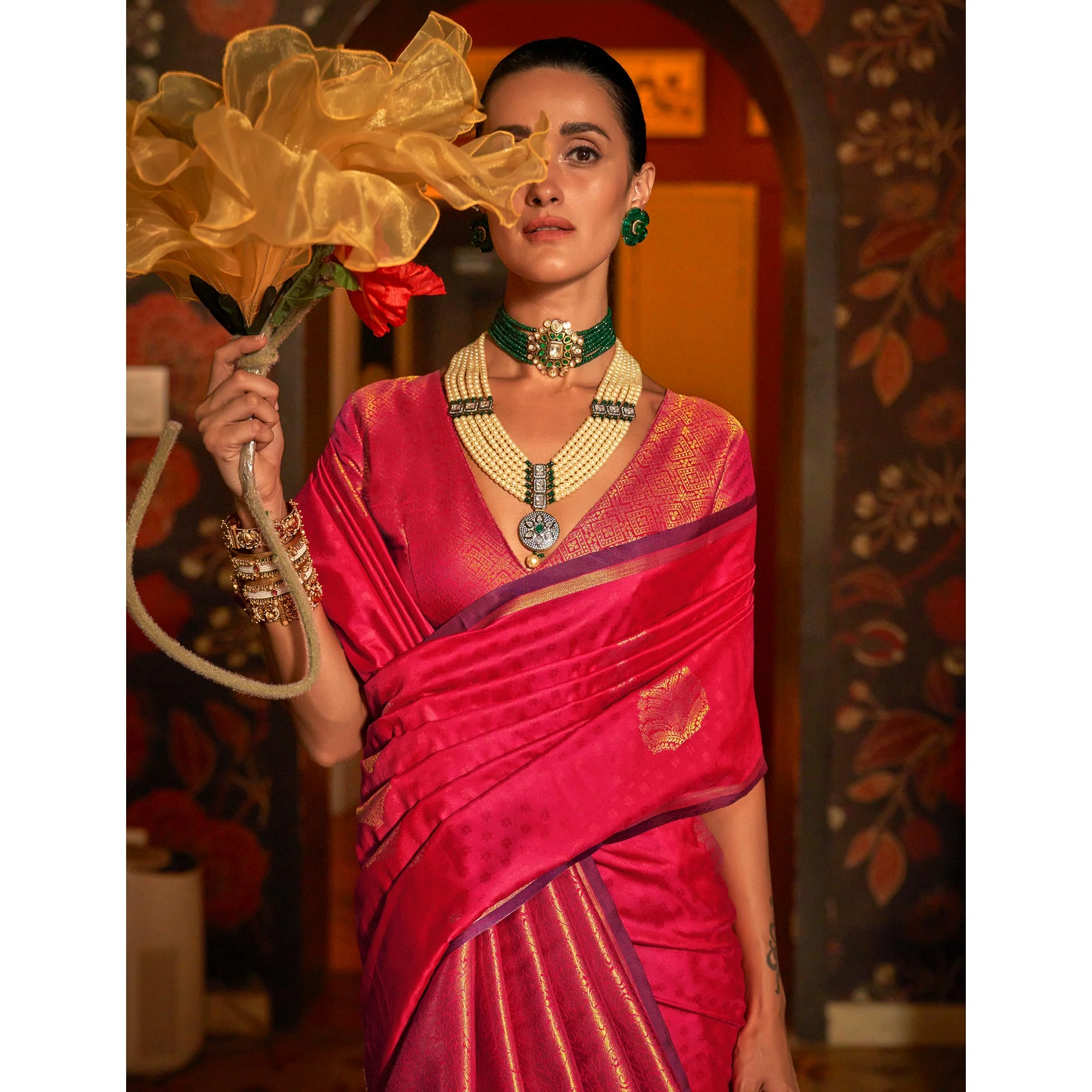 Pink Zari Work Woven Mulberry Silk Saree - Image 4