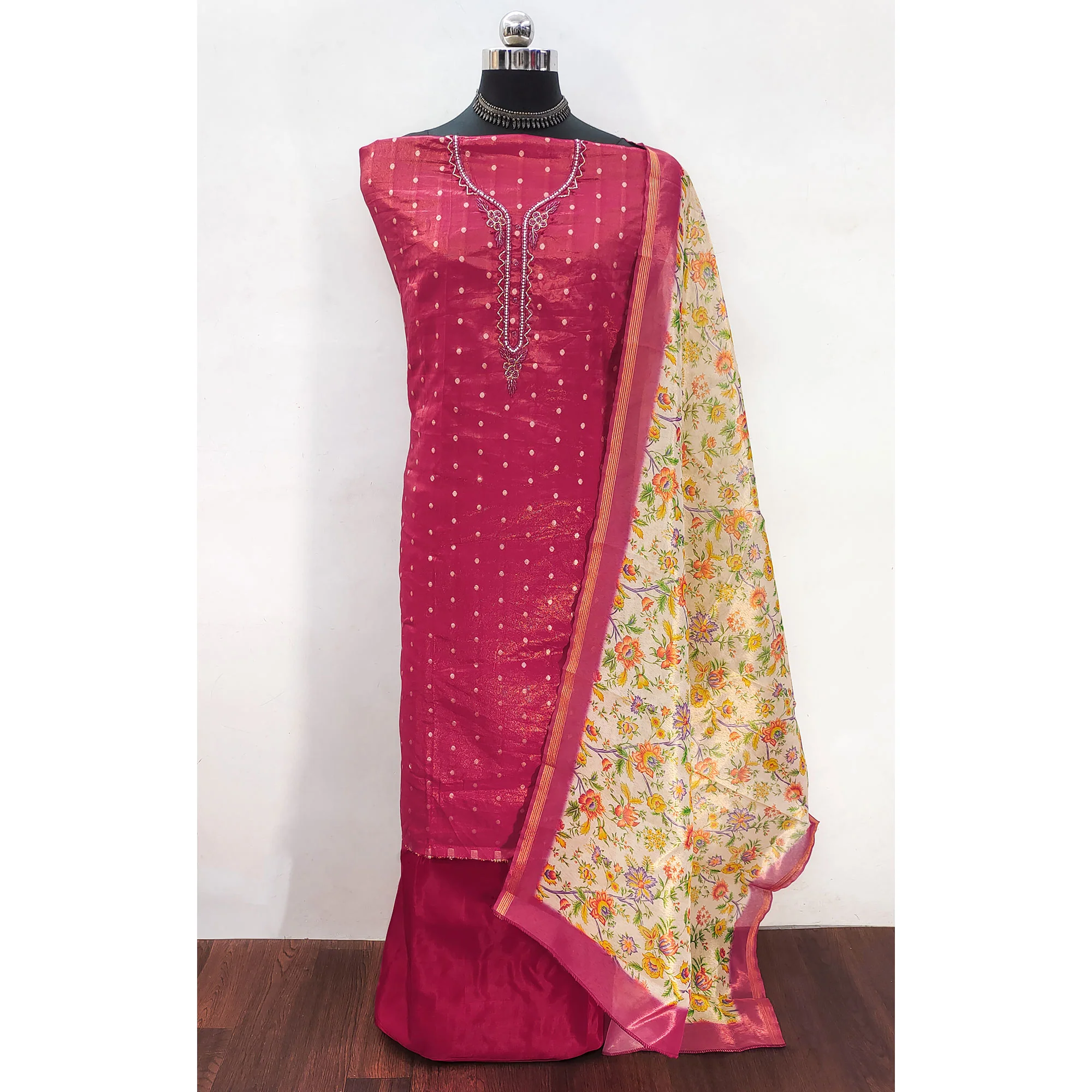 Pink Zari Work Woven Net Dress Material - Image 3