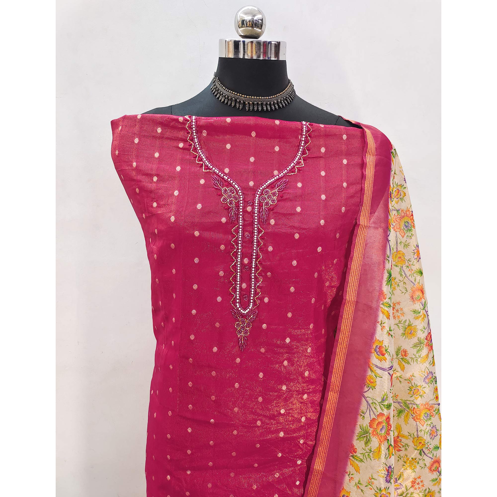 Pink Zari Work Woven Net Dress Material - Image 4
