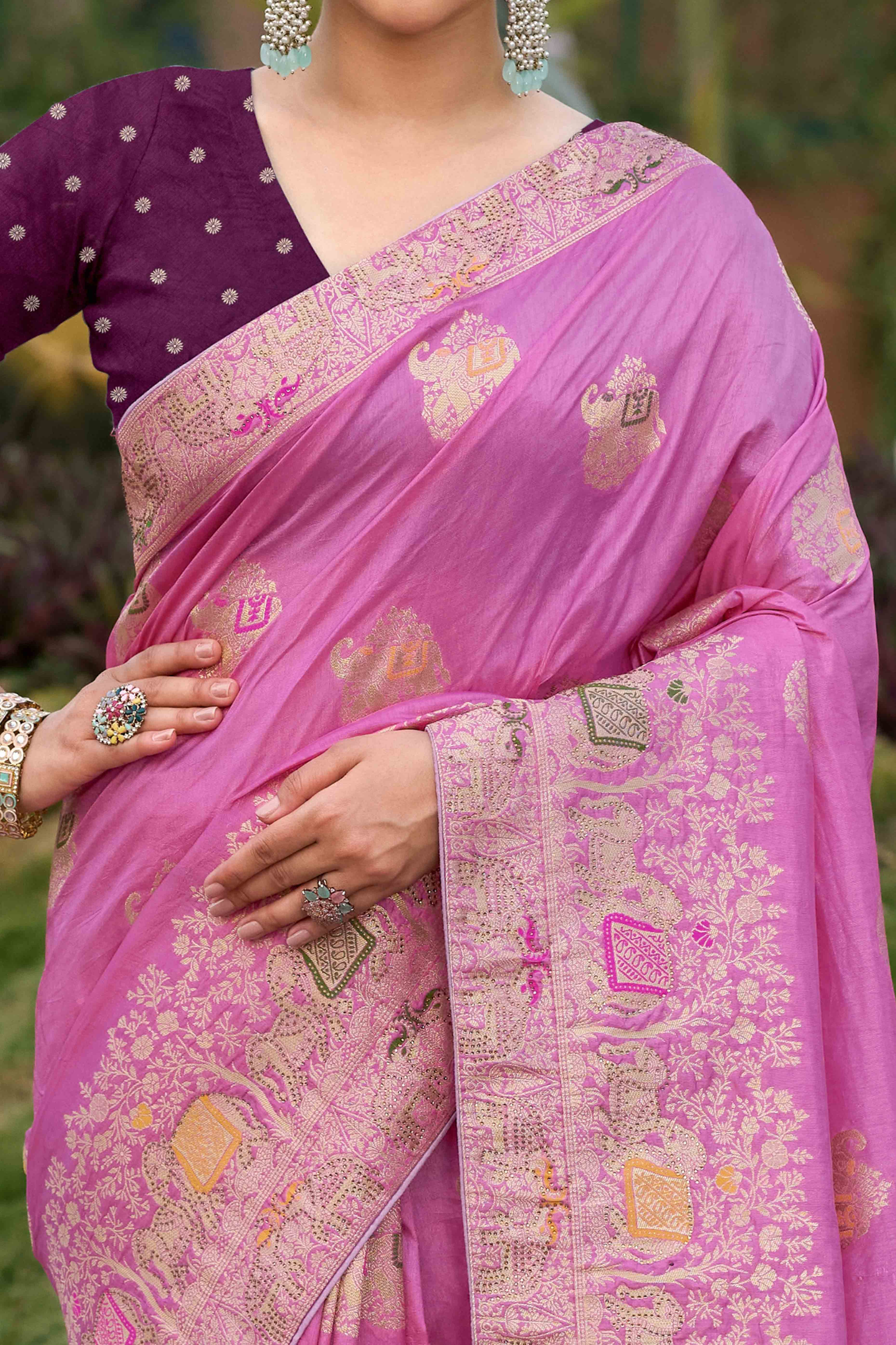 Pink Zari Woven Dola Silk Saree With Intricate Meenakari & Swarovski Embellishments - Image 2