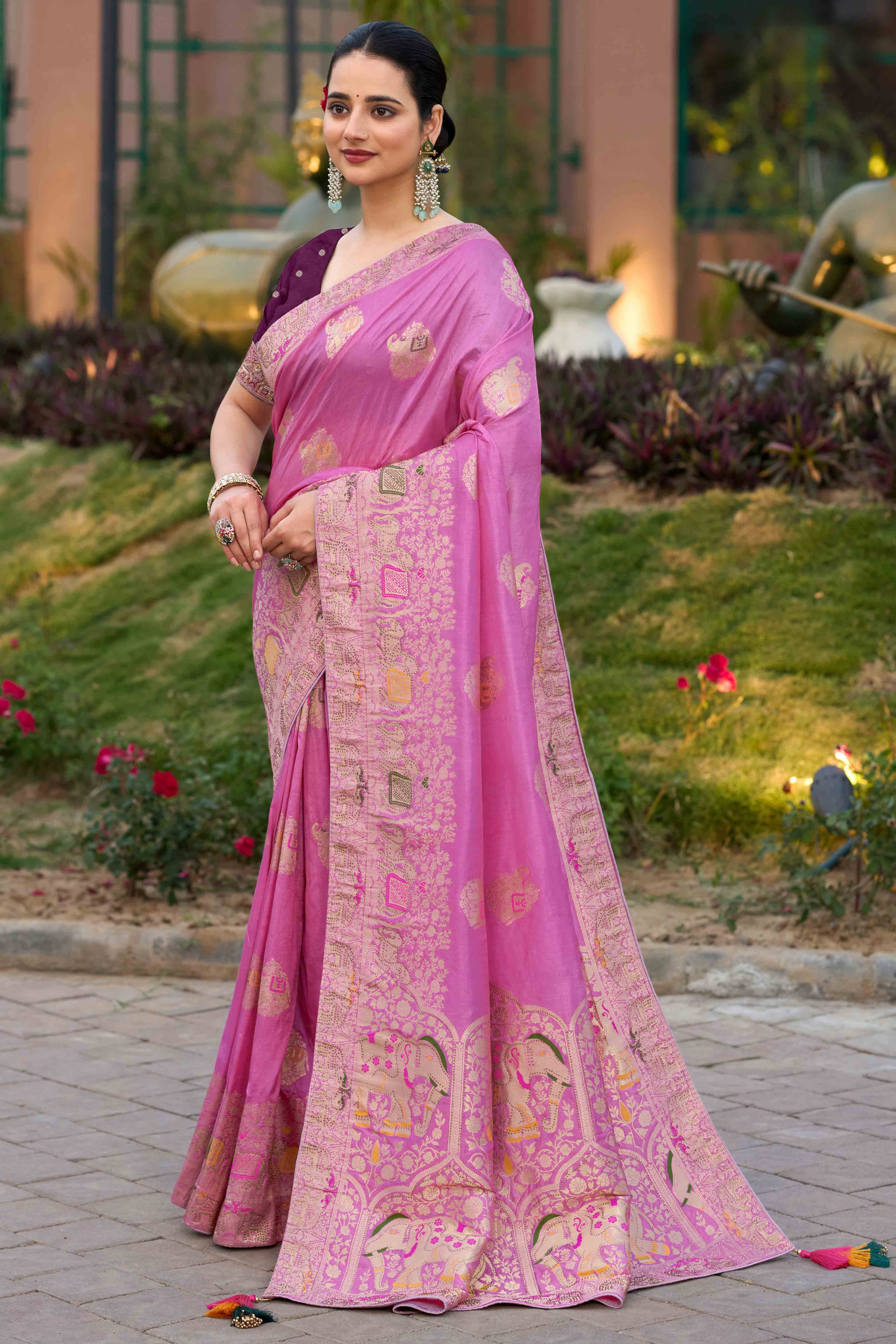 Pink Zari Woven Dola Silk Saree With Intricate Meenakari & Swarovski Embellishments - Image 3