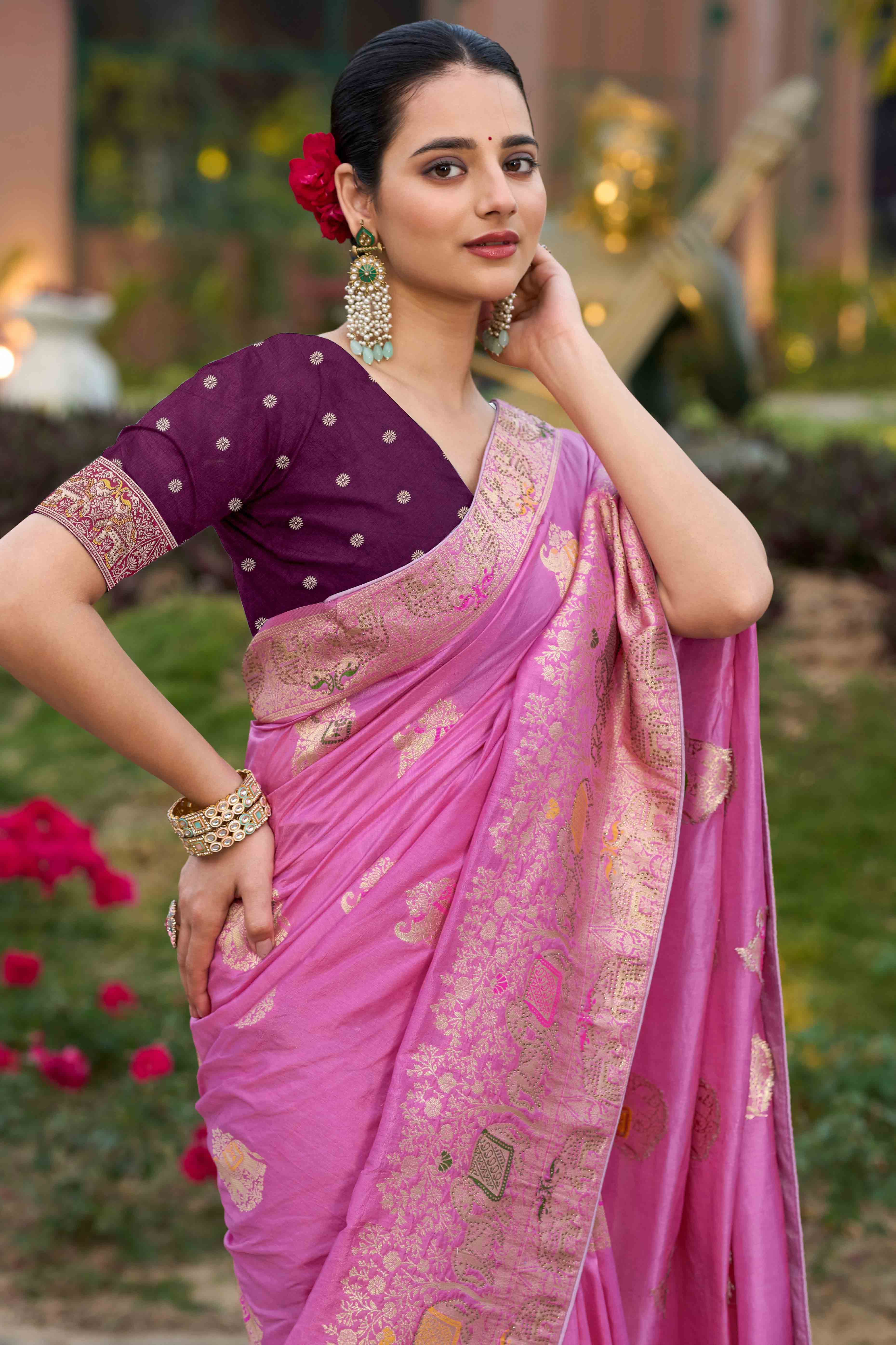 Pink Zari Woven Dola Silk Saree With Intricate Meenakari & Swarovski Embellishments - Image 4