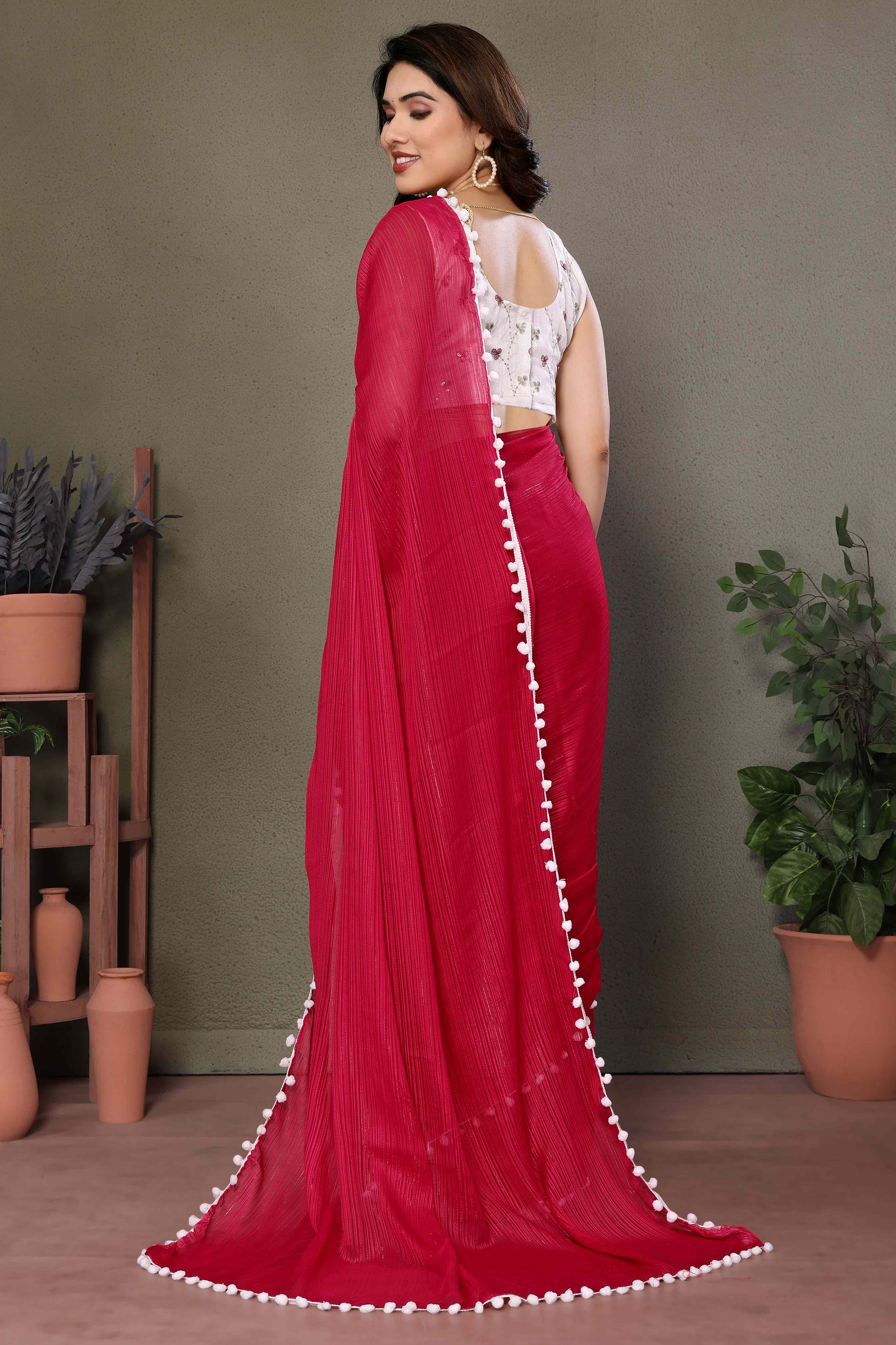 Pink Zari Woven Satin Saree With Pumpum Border - Image 4