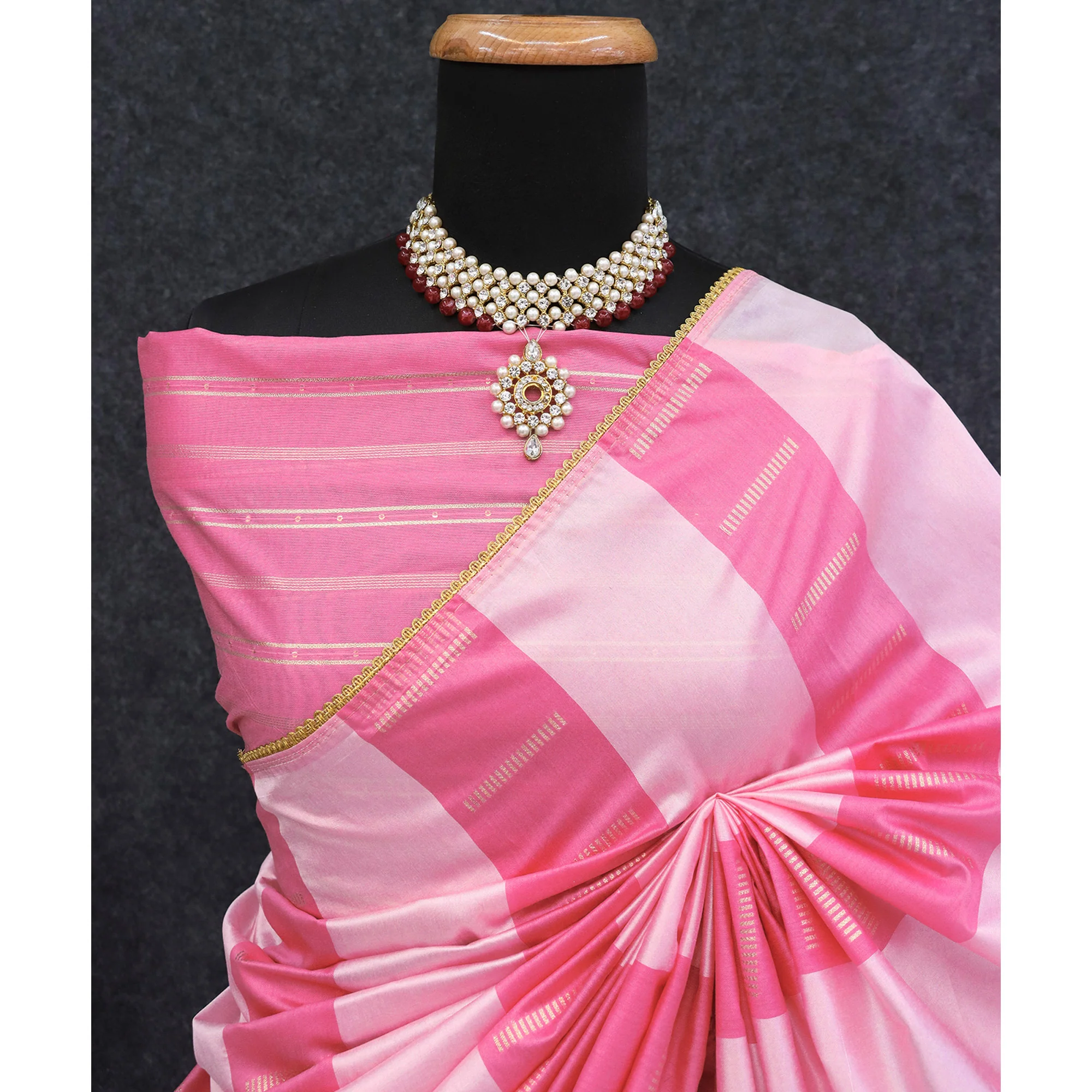 Pink Zari Woven With Sequins Work Tussar Silk Saree With Lace Border - Image 6
