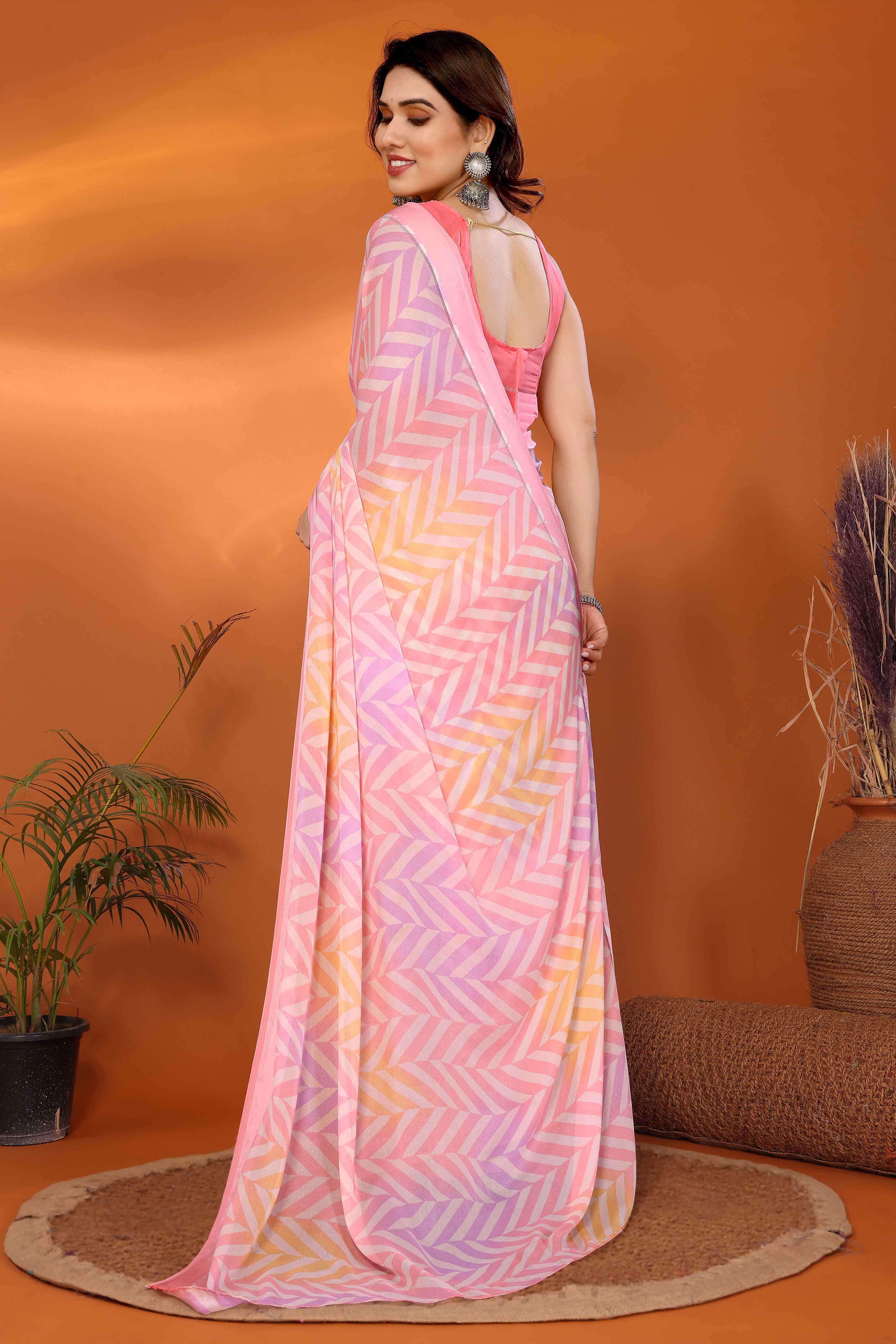 13Pink Zig Zag Printed Satin Saree - Image 3