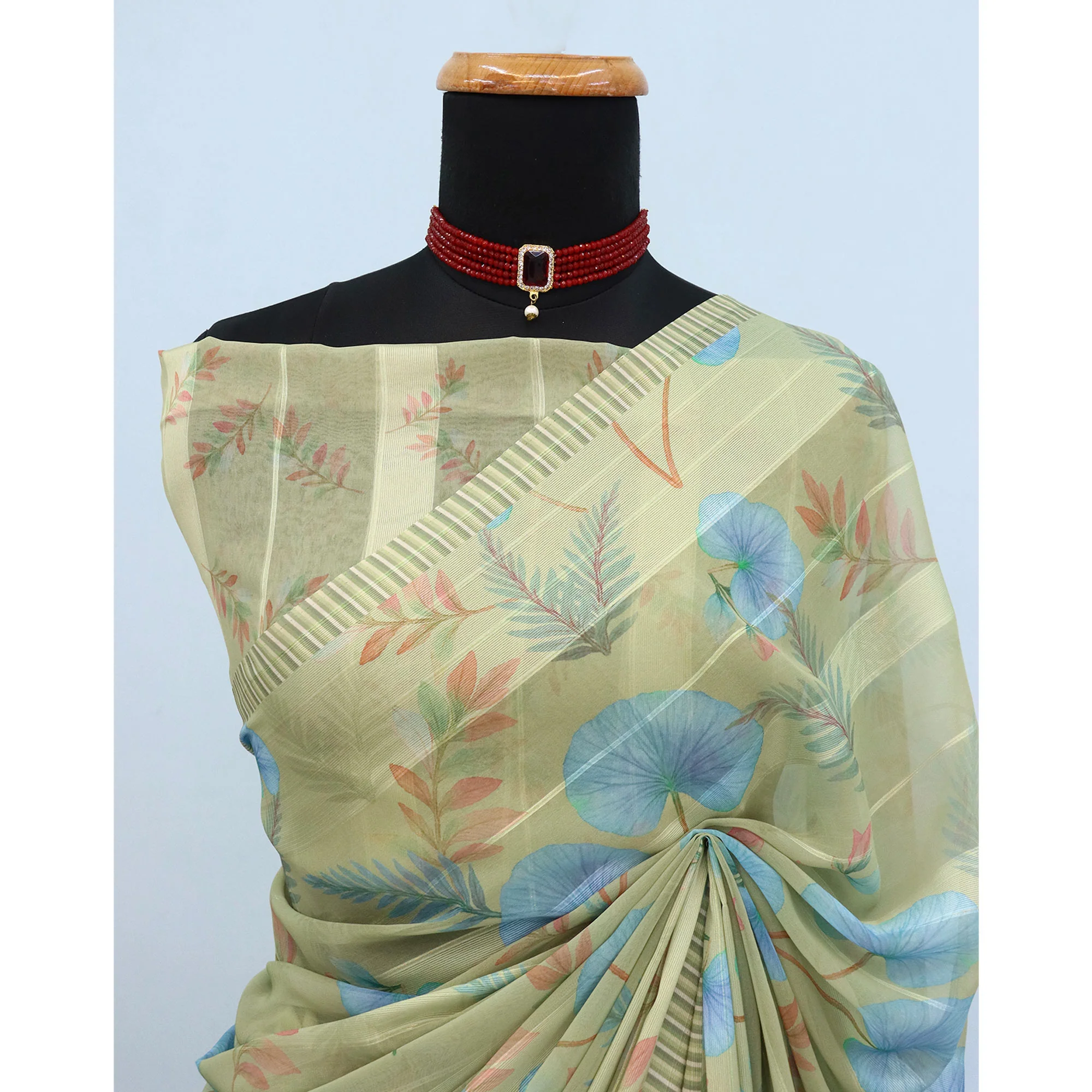 Pista Green Bloom Floral Digital Printed Georgette Saree Accentuated With Graceful Zari Stripes - Image 4