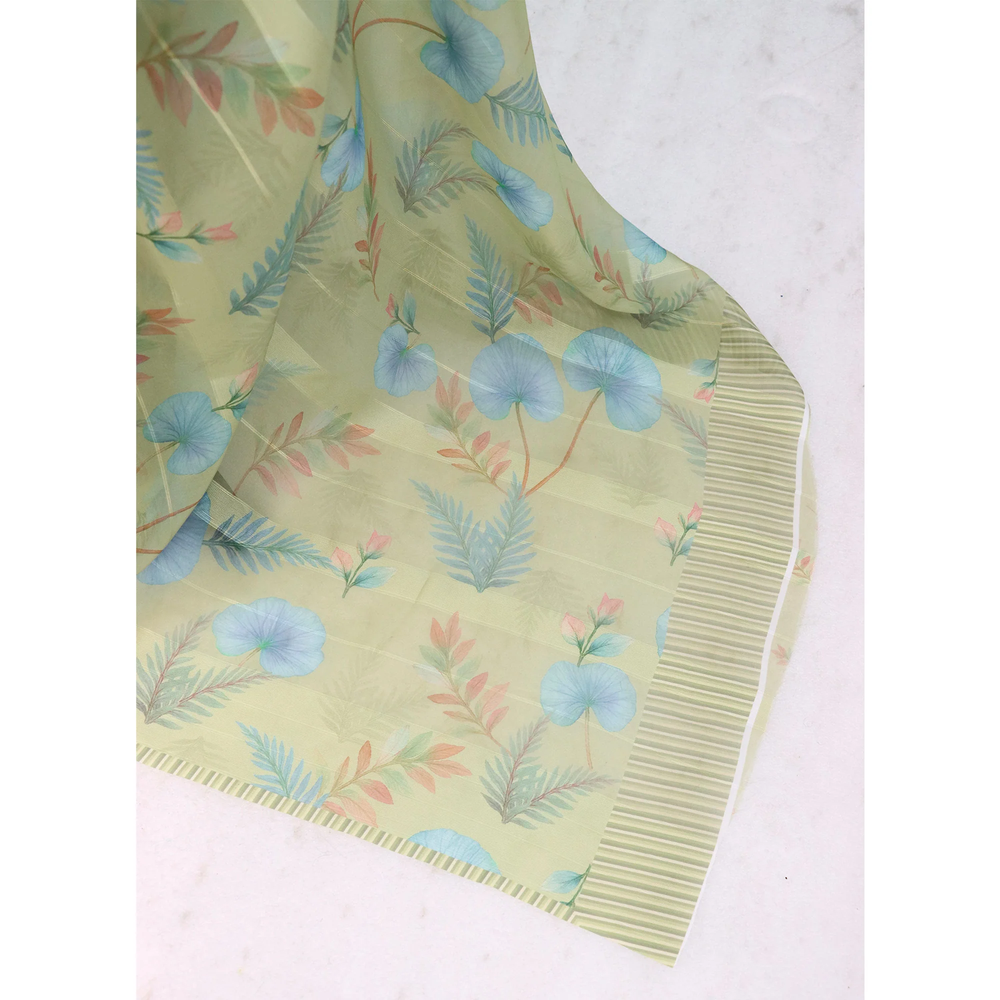 Pista Green Bloom Floral Digital Printed Georgette Saree Accentuated With Graceful Zari Stripes - Image 5