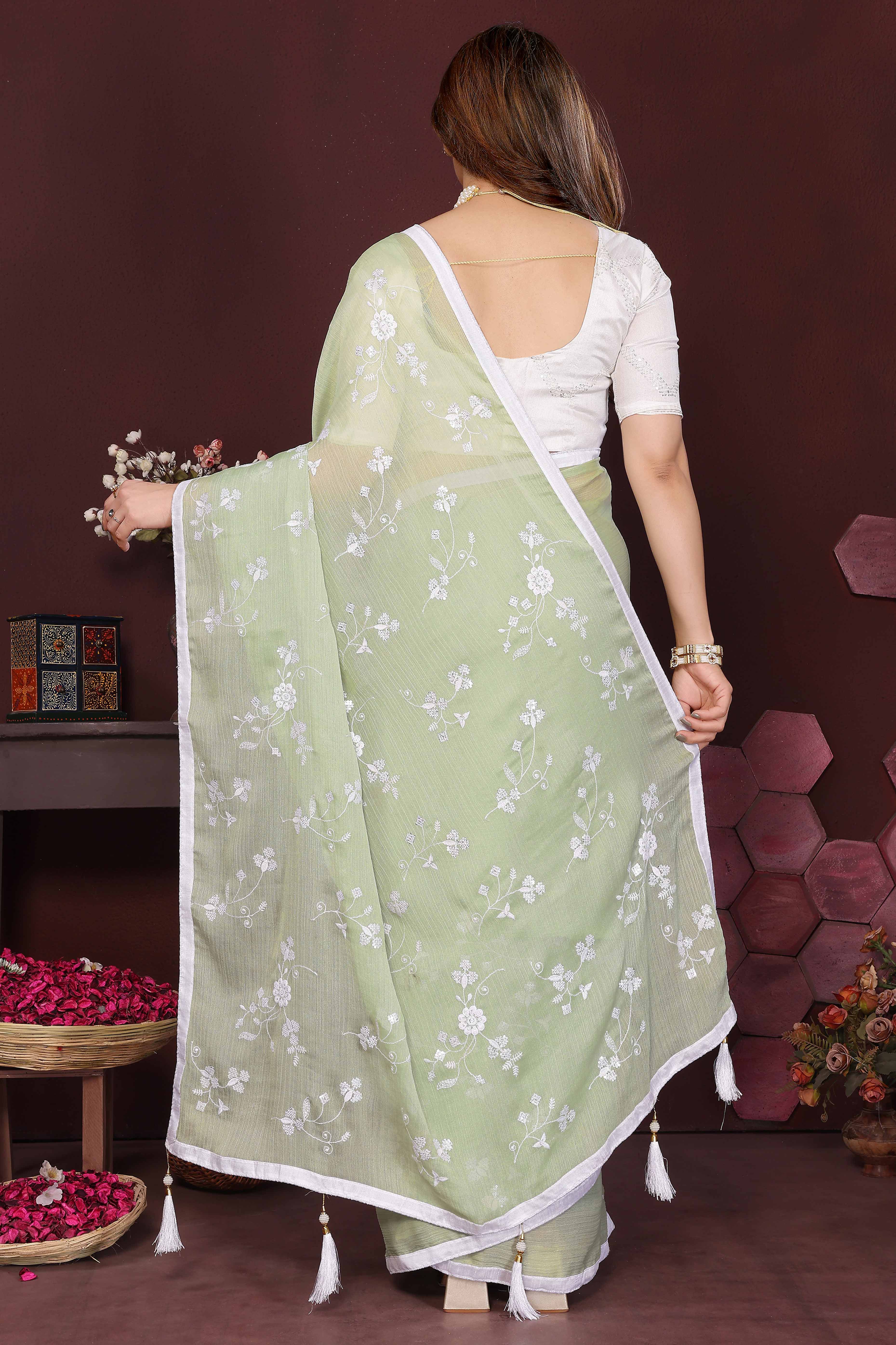 Pista Green Bloom Saree adorned with Moss Floral Embroidery and Delicate Lace Border - Image 5