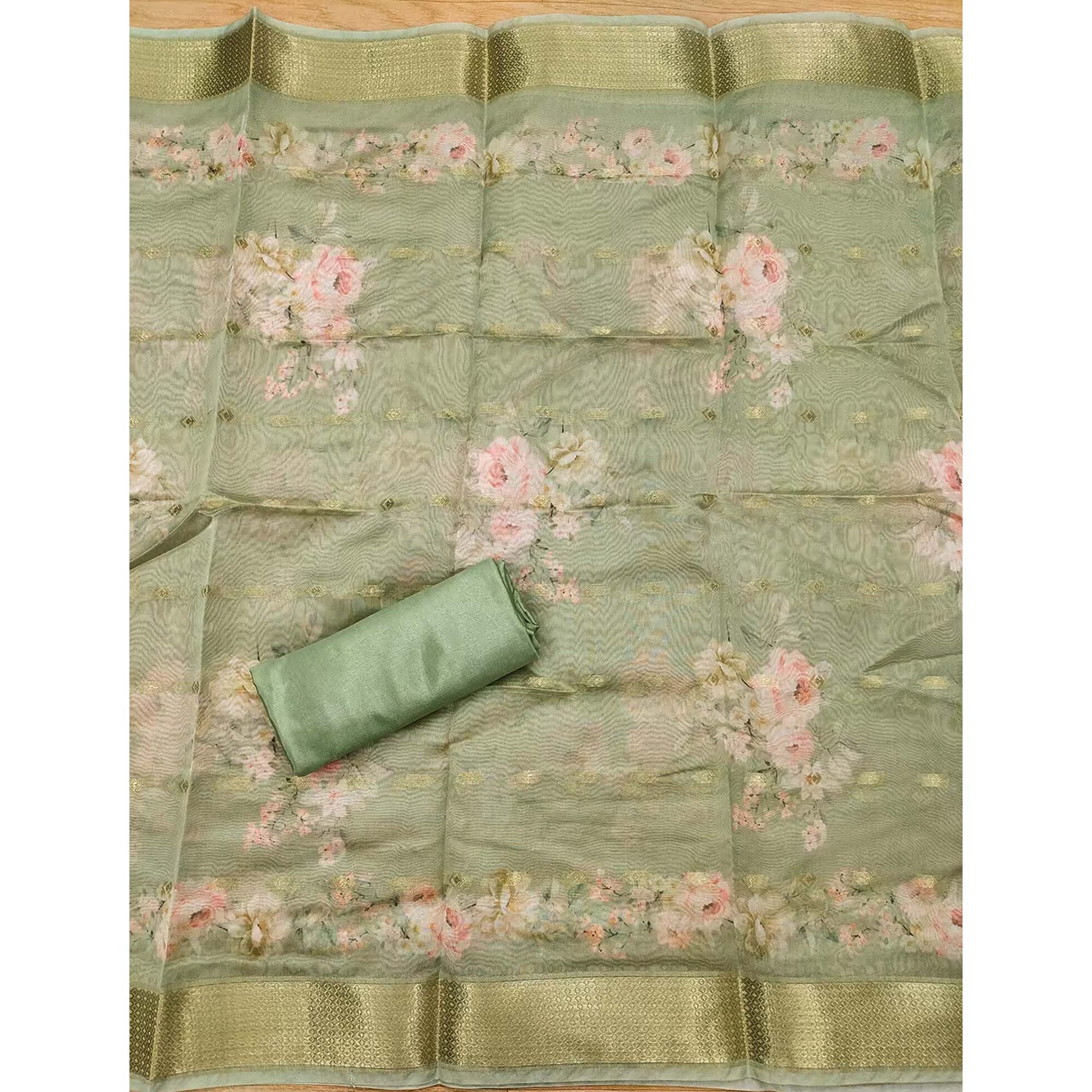 Pista Green Chanderi Silk Dress Material Showcasing Floral Prints with Subtle Beads Detailing - Image 5