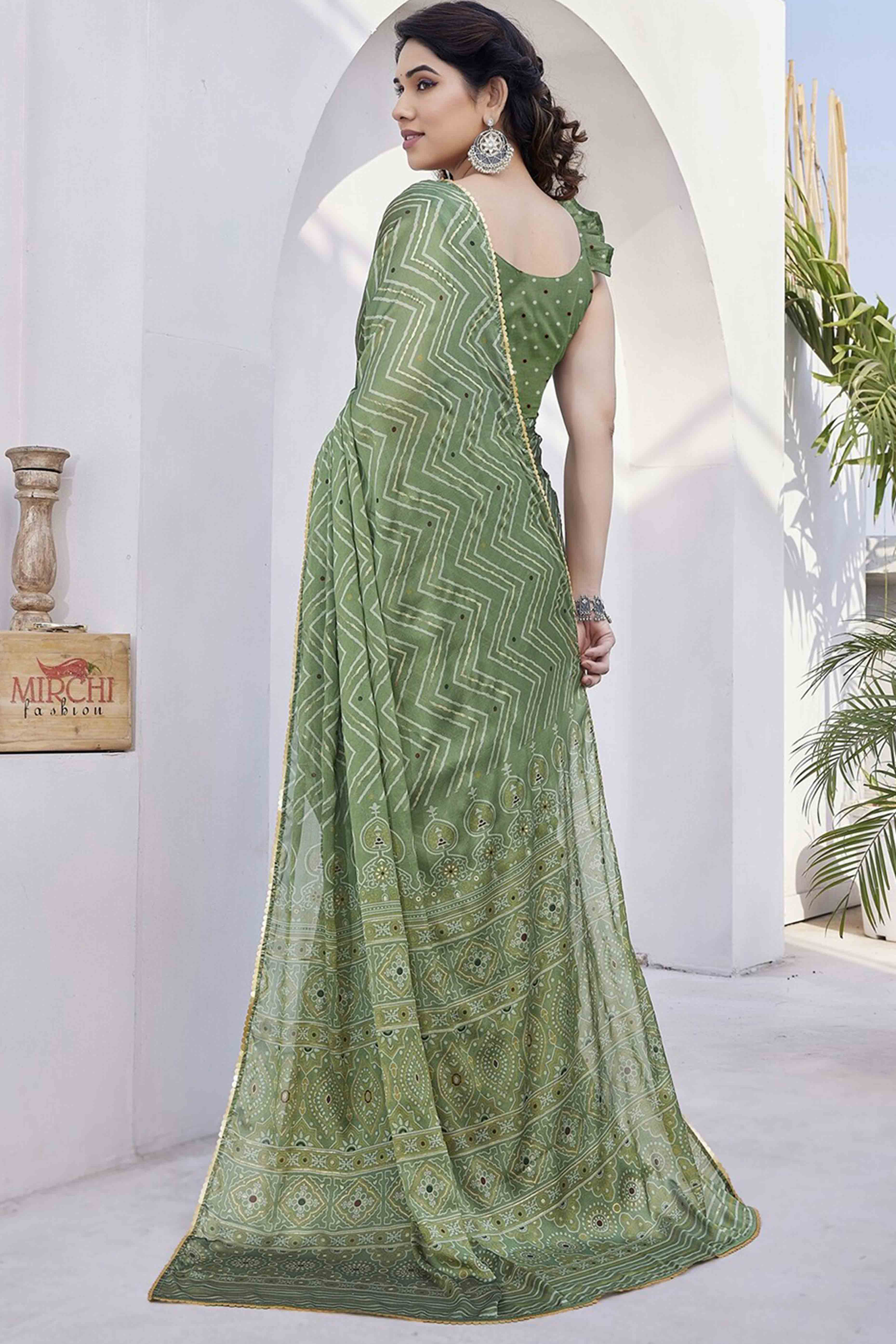 Pista Green Chiffon Saree With Zig-Zag Foil Print & Golden Lace Border - Image 3