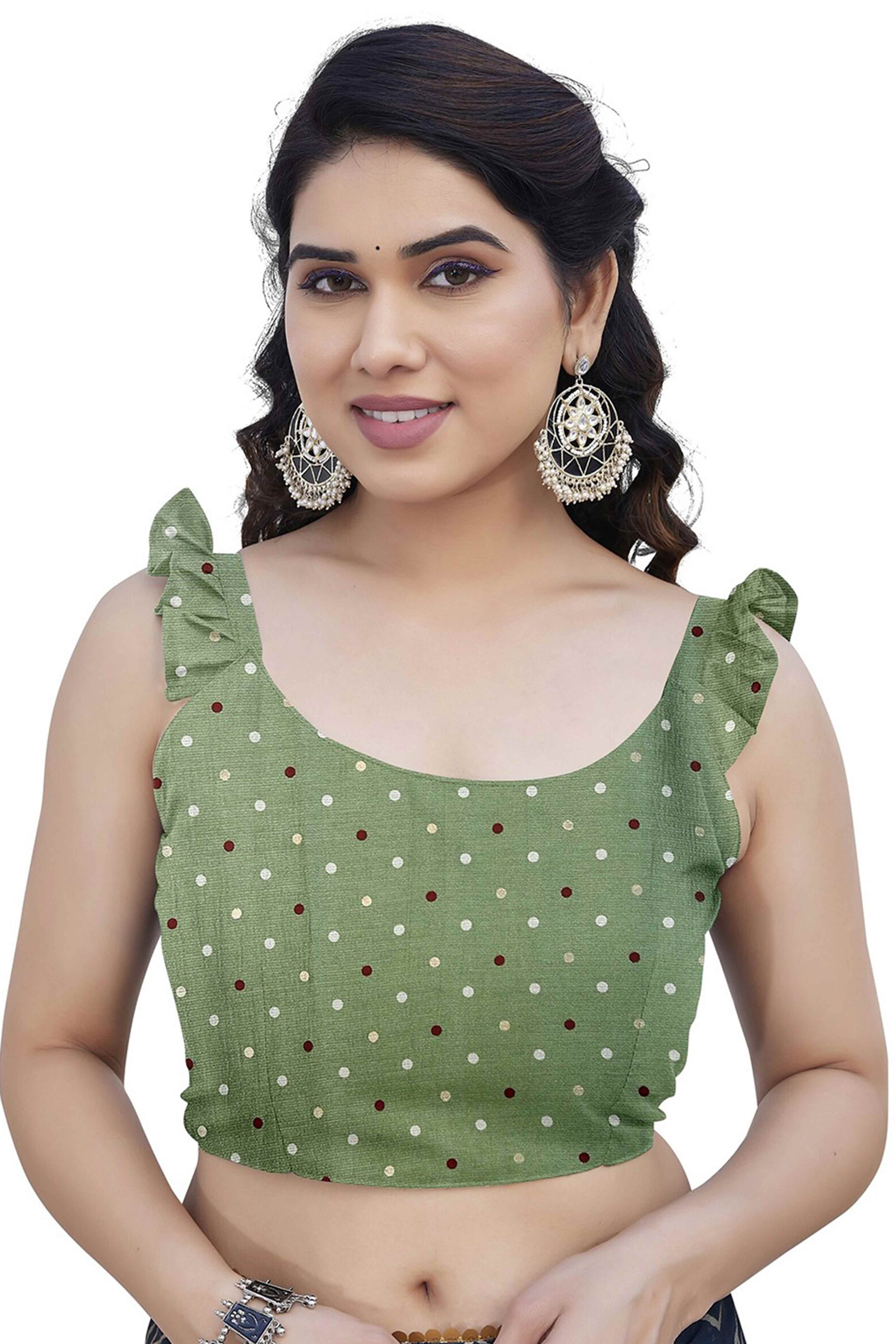 Pista Green Chiffon Saree With Zig-Zag Foil Print & Golden Lace Border - Image 5