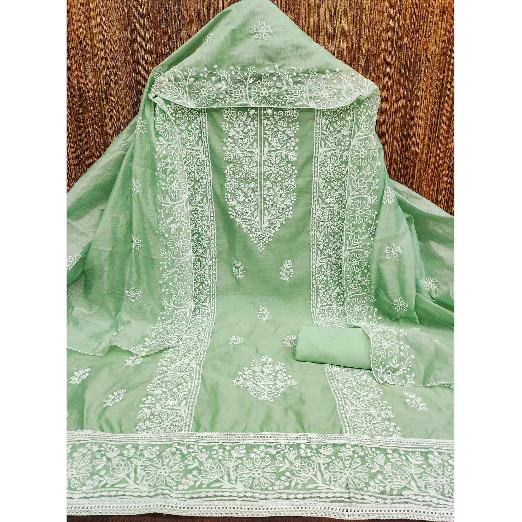 Pista Green Cotton Blend Unstitched Suit Material with Soft Floral Embroidery Work - Image 4