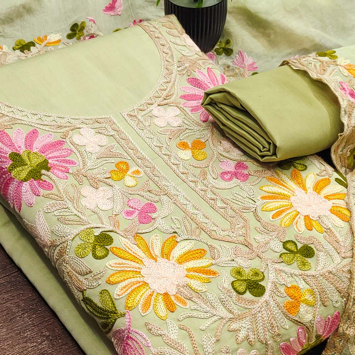 Pista Green Designer Roman Art Silk Dress Material Adorned With Floral Thread Embroidery Work - Image 2