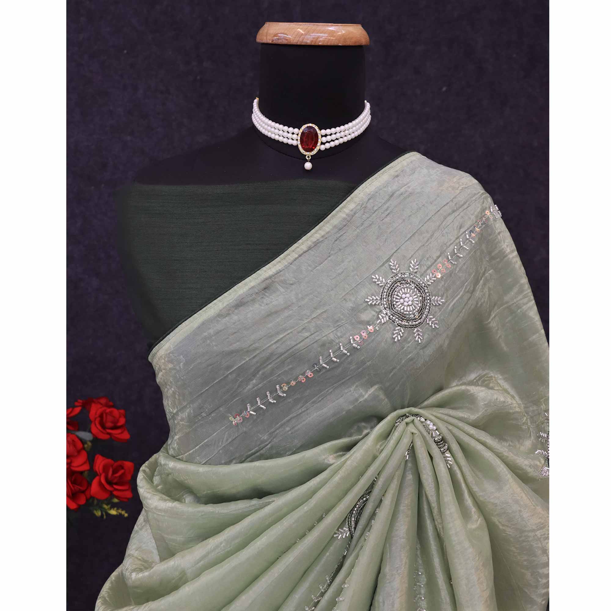 Pista Green Designer Silk Blend Saree Embellished with Stones & Beads - Image 8