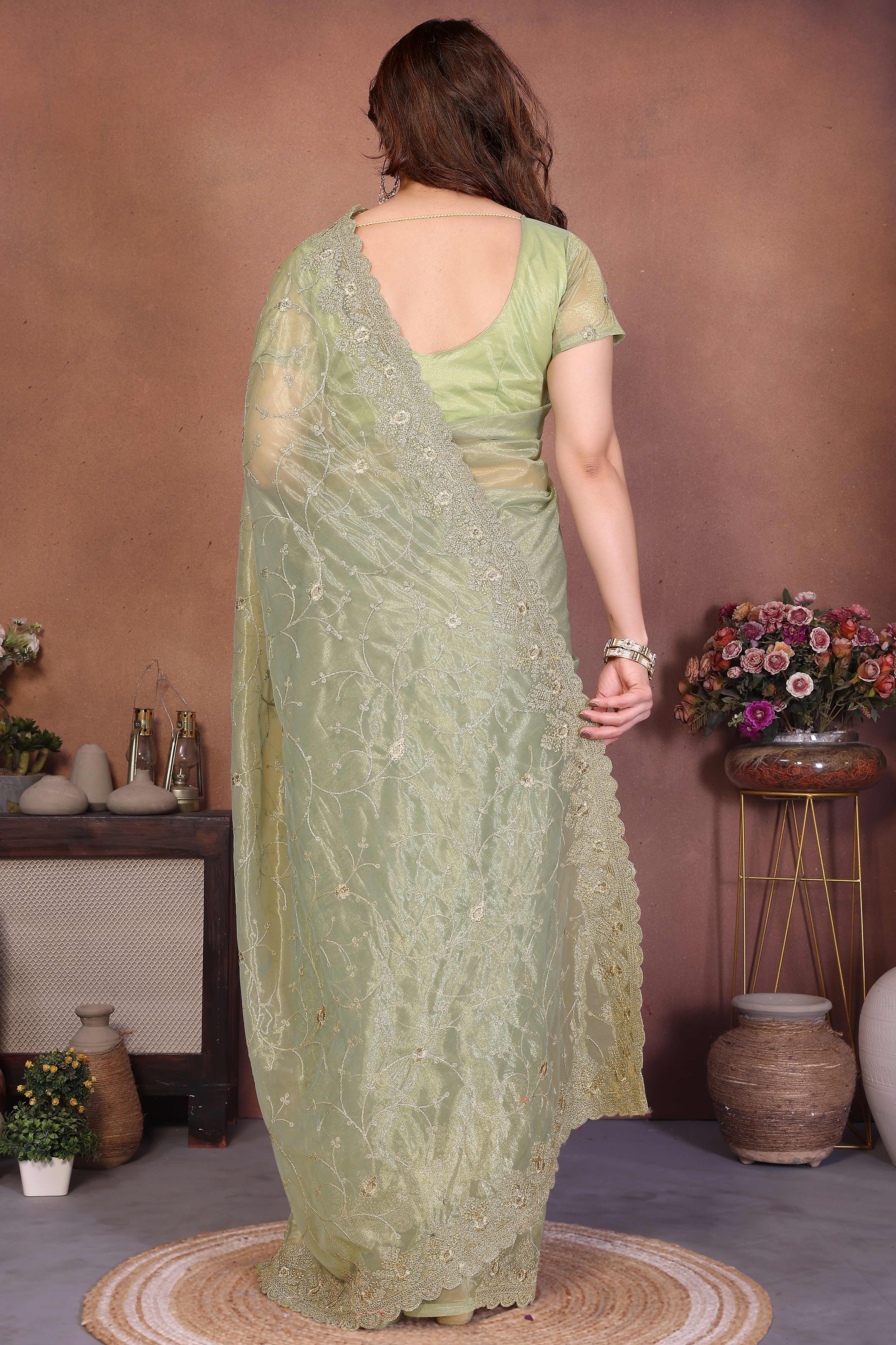 Pista Green Designer Twill Net Saree Enhanced with Delicate Thread Work Embroidery - Image 6