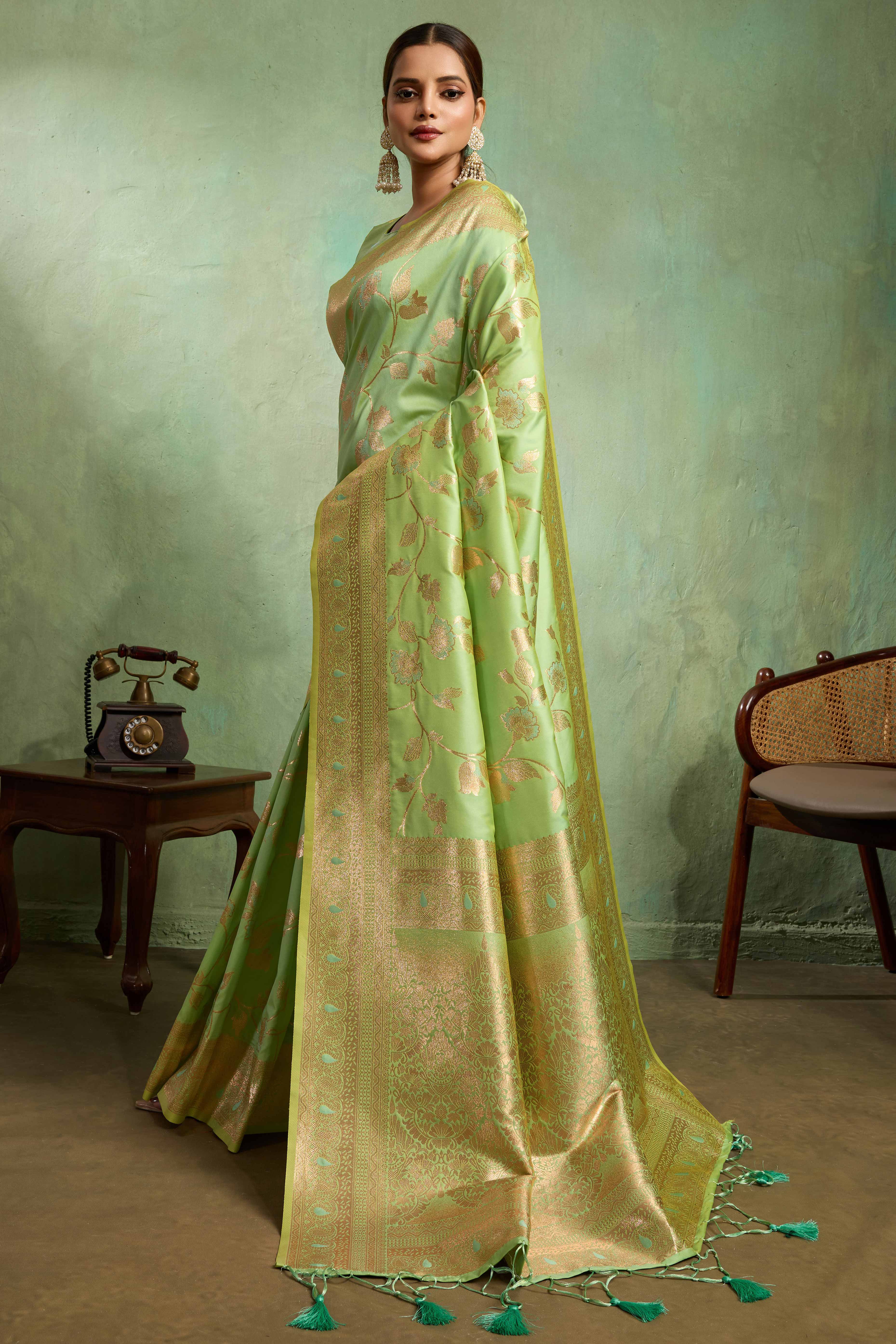 Pista Green Dual Tone Banarasi Silk Saree Accented with Meenakari Weaves - Image 3