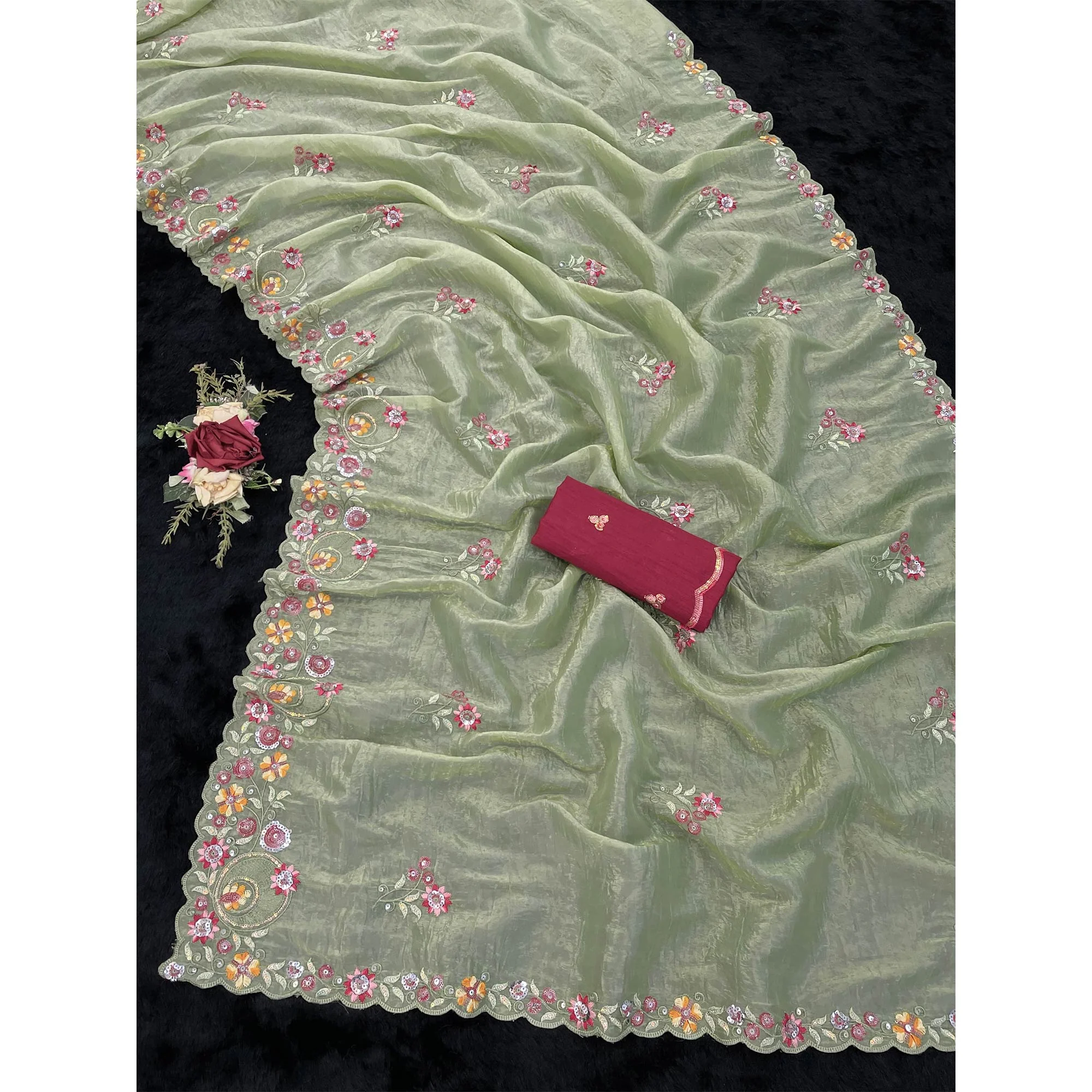 Pista Green Elegance Cotton Silk Saree with Floral Sequins Embroidery - Image 3