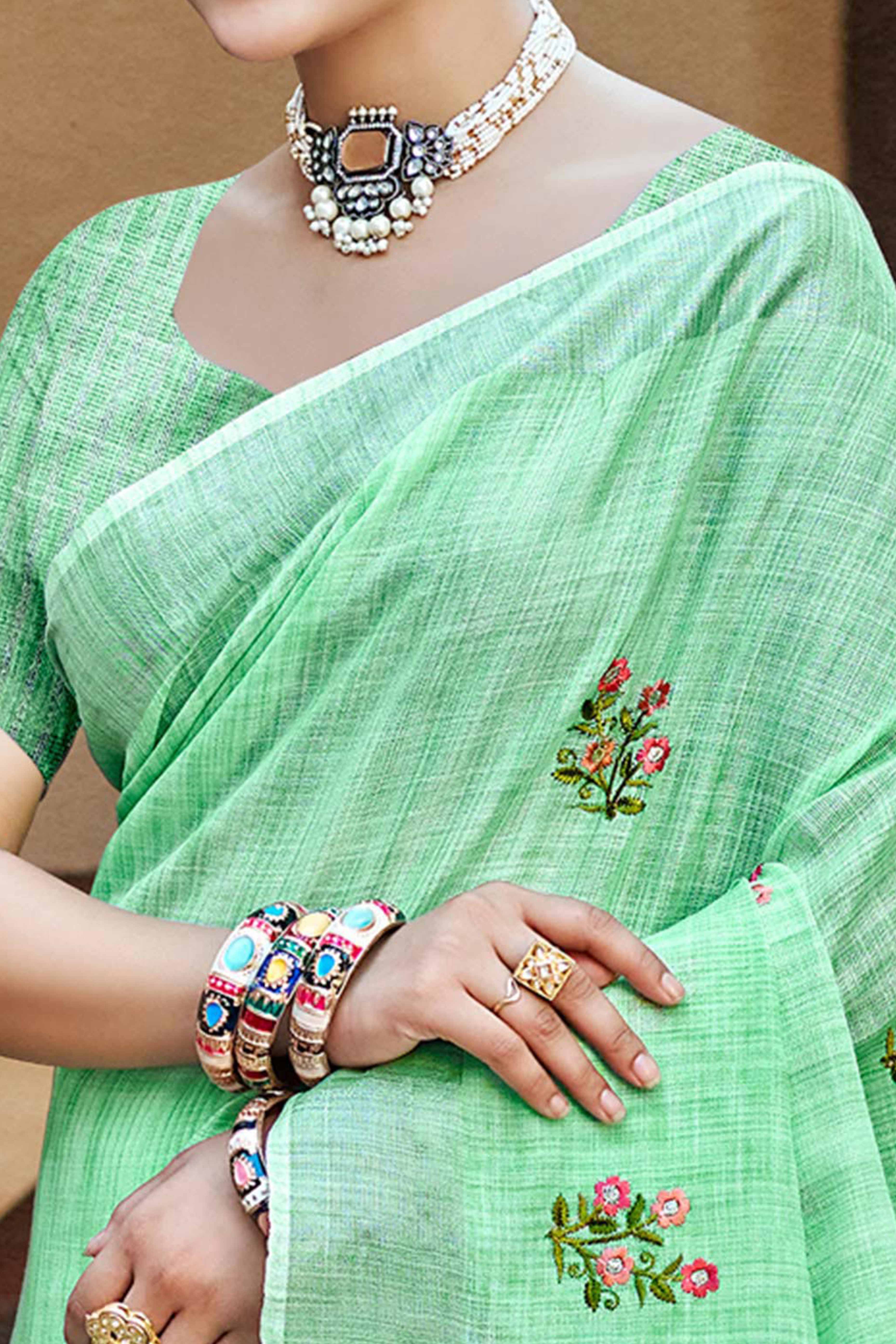 Pista Green Embroidered Linen Saree with Floral Motifs in Woven Fabric - Image 2