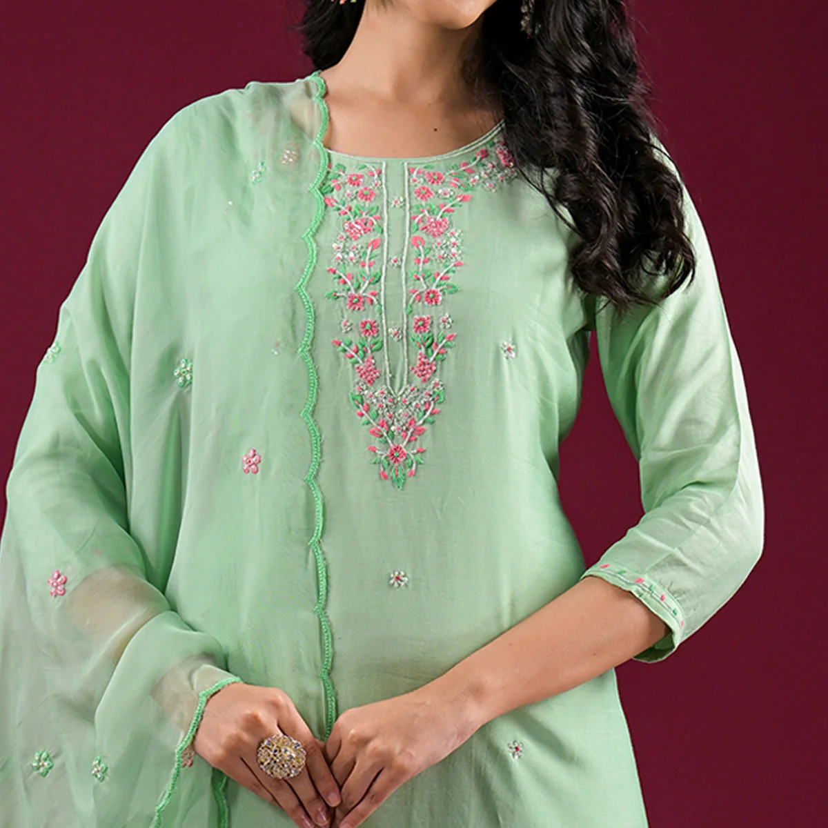 Pista Green Embroidered Muslin Straight Salwar Suit - Image 3