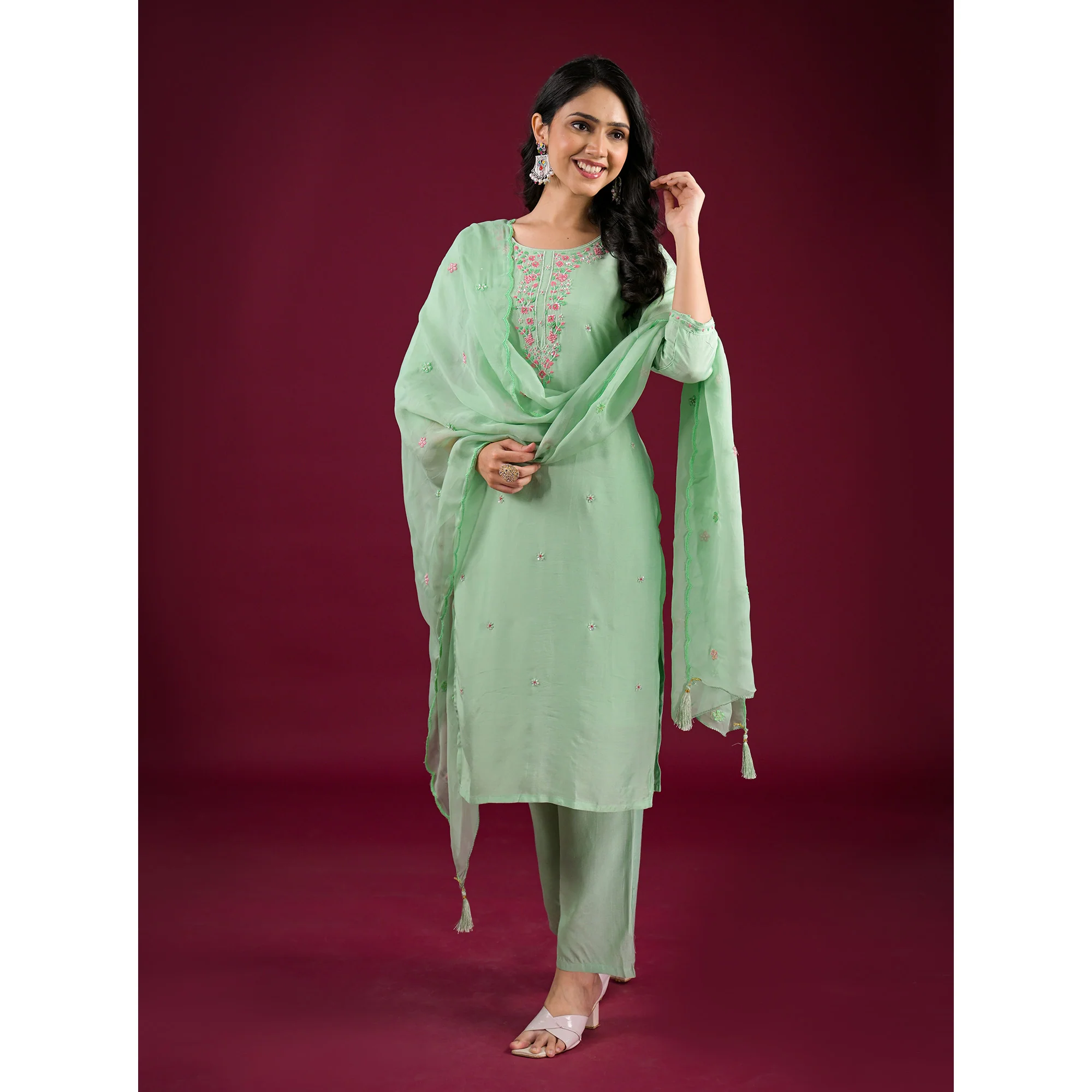 Pista Green Embroidered Muslin Straight Salwar Suit - Image 4
