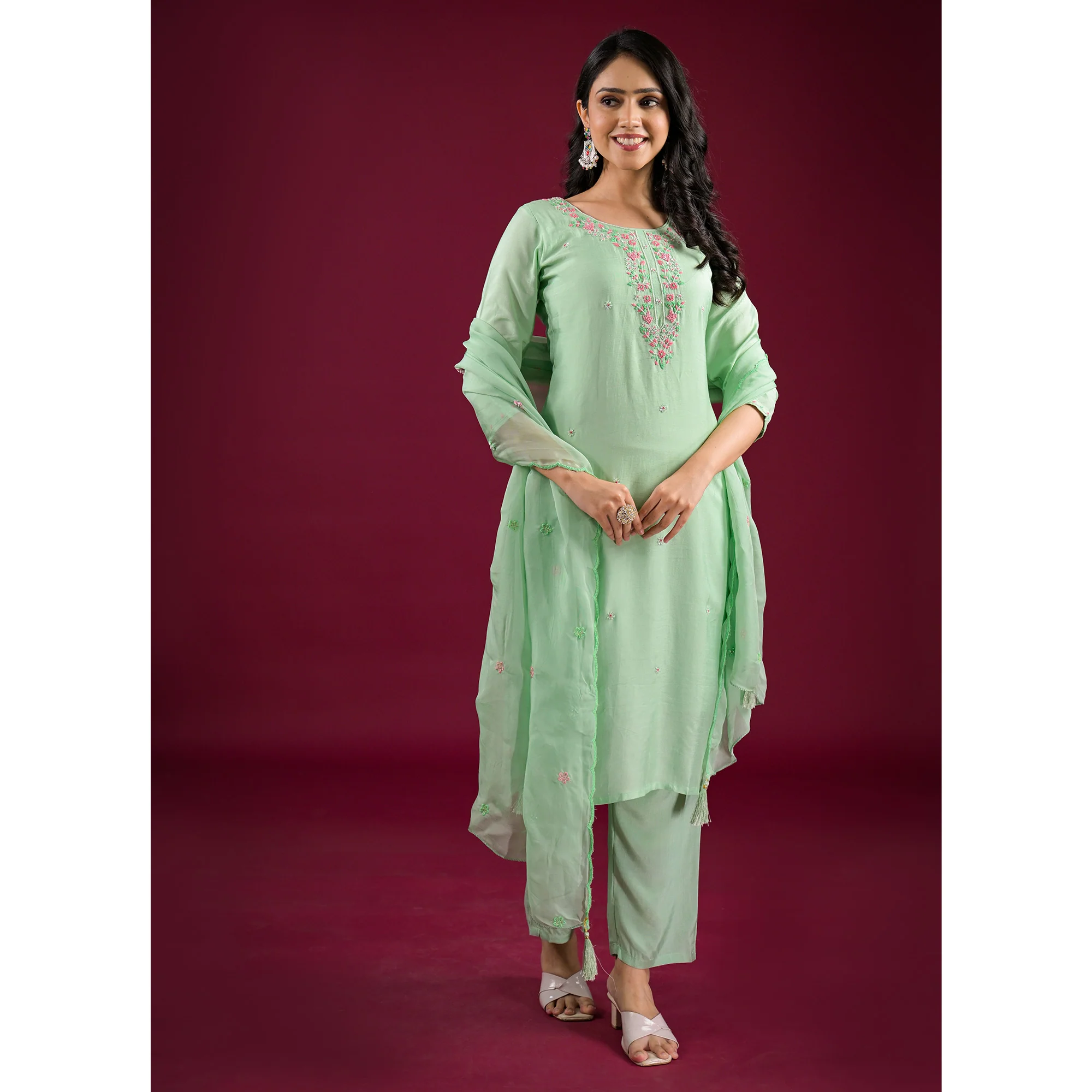 Pista Green Embroidered Muslin Straight Salwar Suit - Image 5