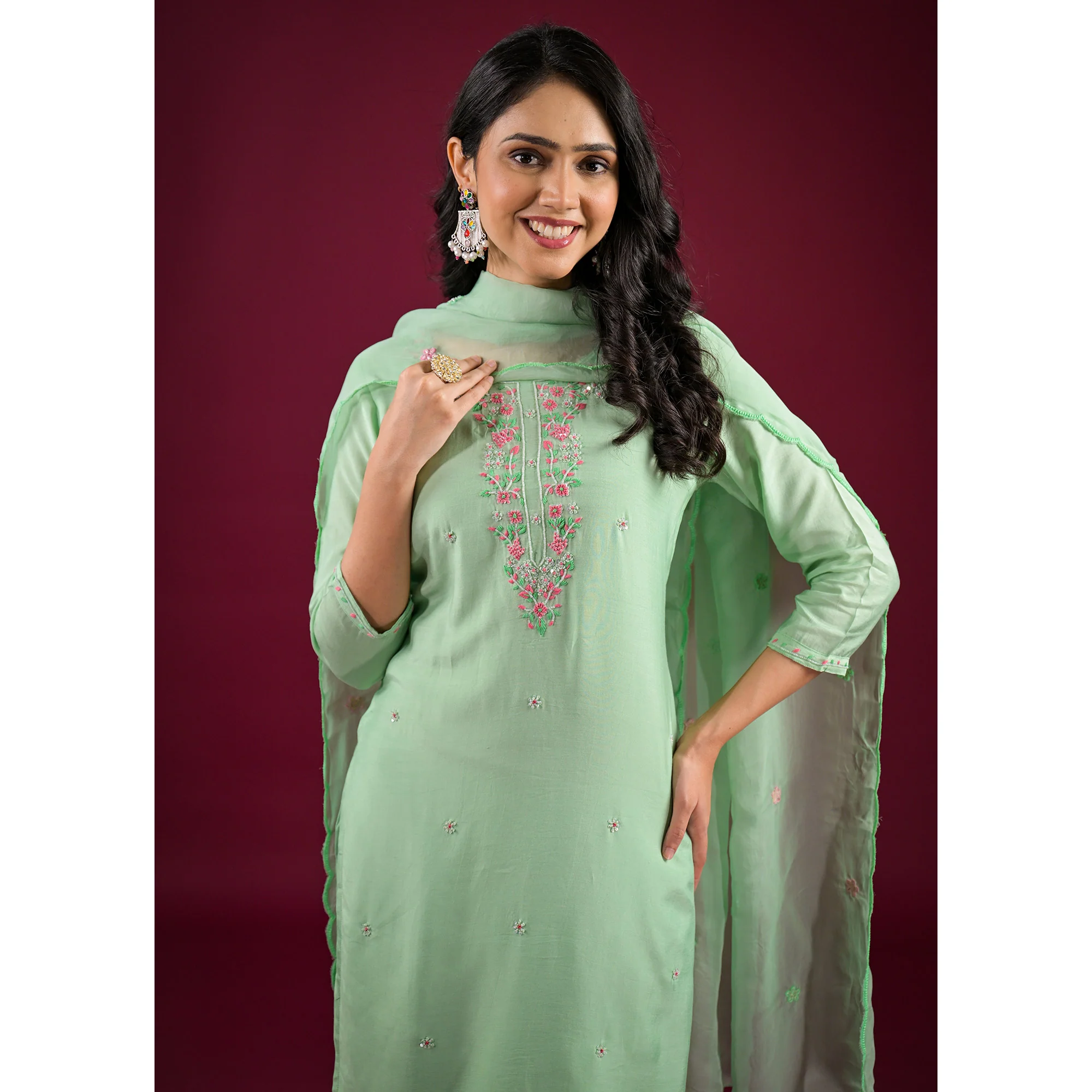 Pista Green Embroidered Muslin Straight Salwar Suit - Image 7
