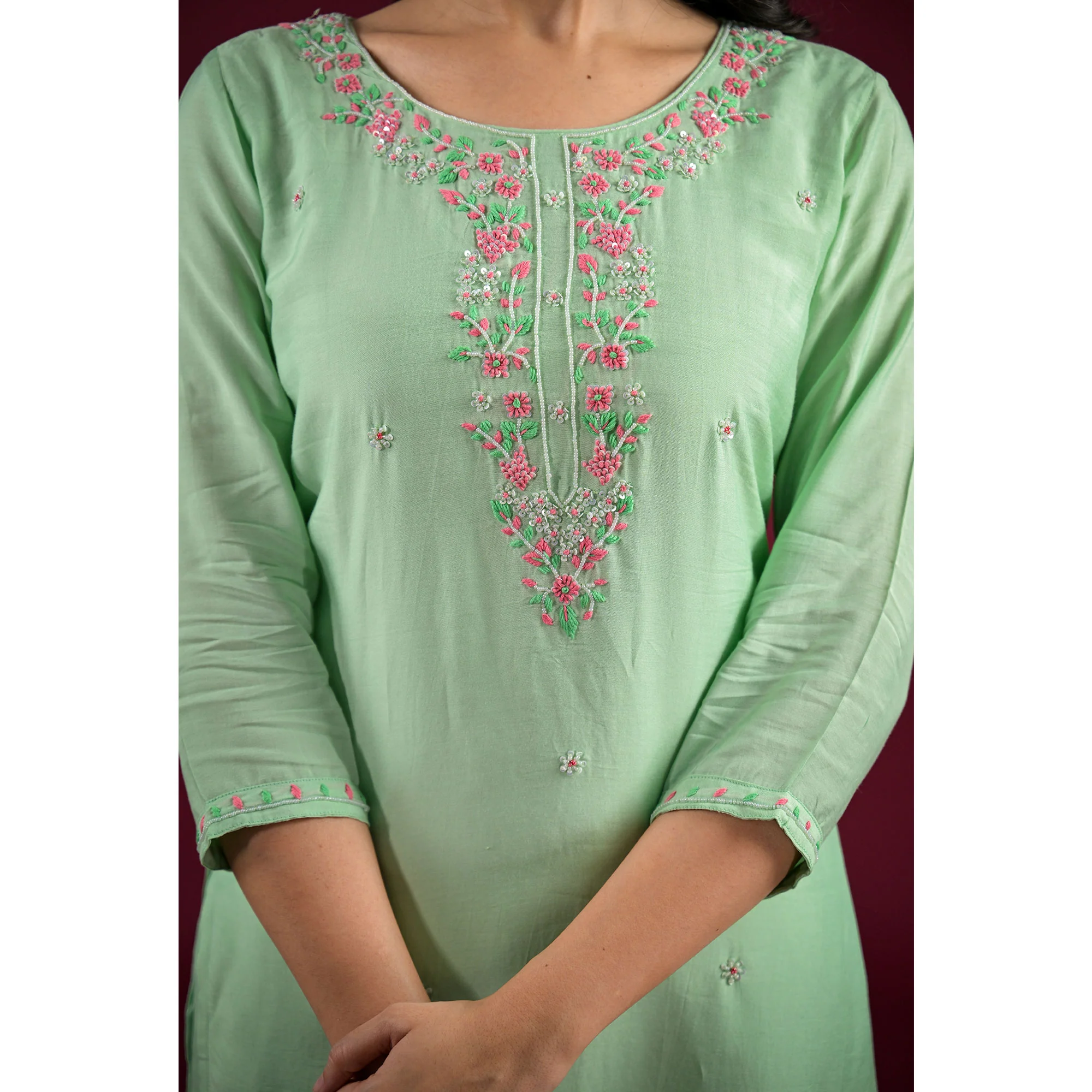 Pista Green Embroidered Muslin Straight Salwar Suit - Image 8