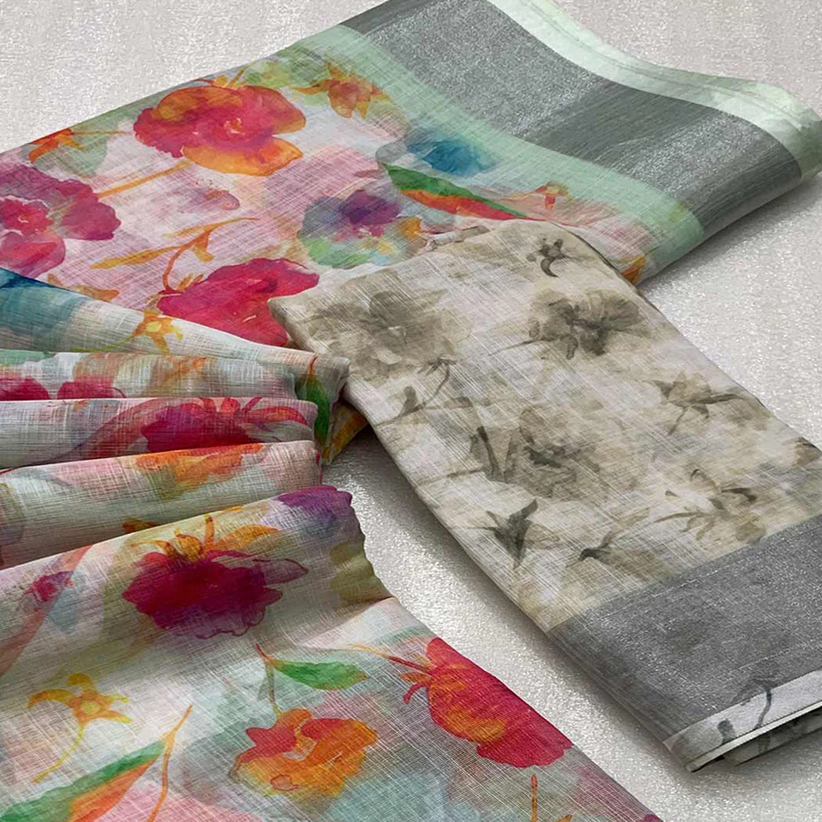 Pista Green Floral Digital Printed Linen Saree - Image 2