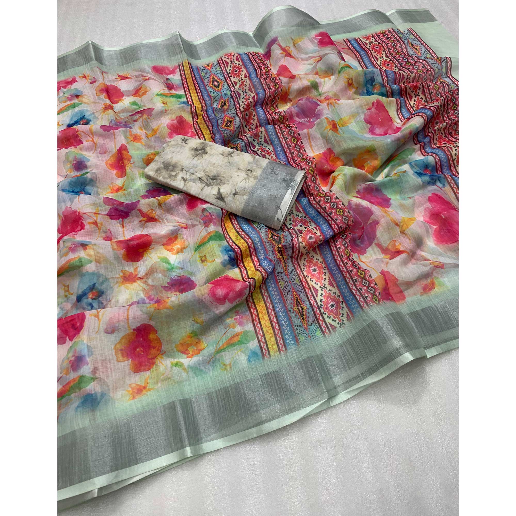 Pista Green Floral Digital Printed Linen Saree - Image 3