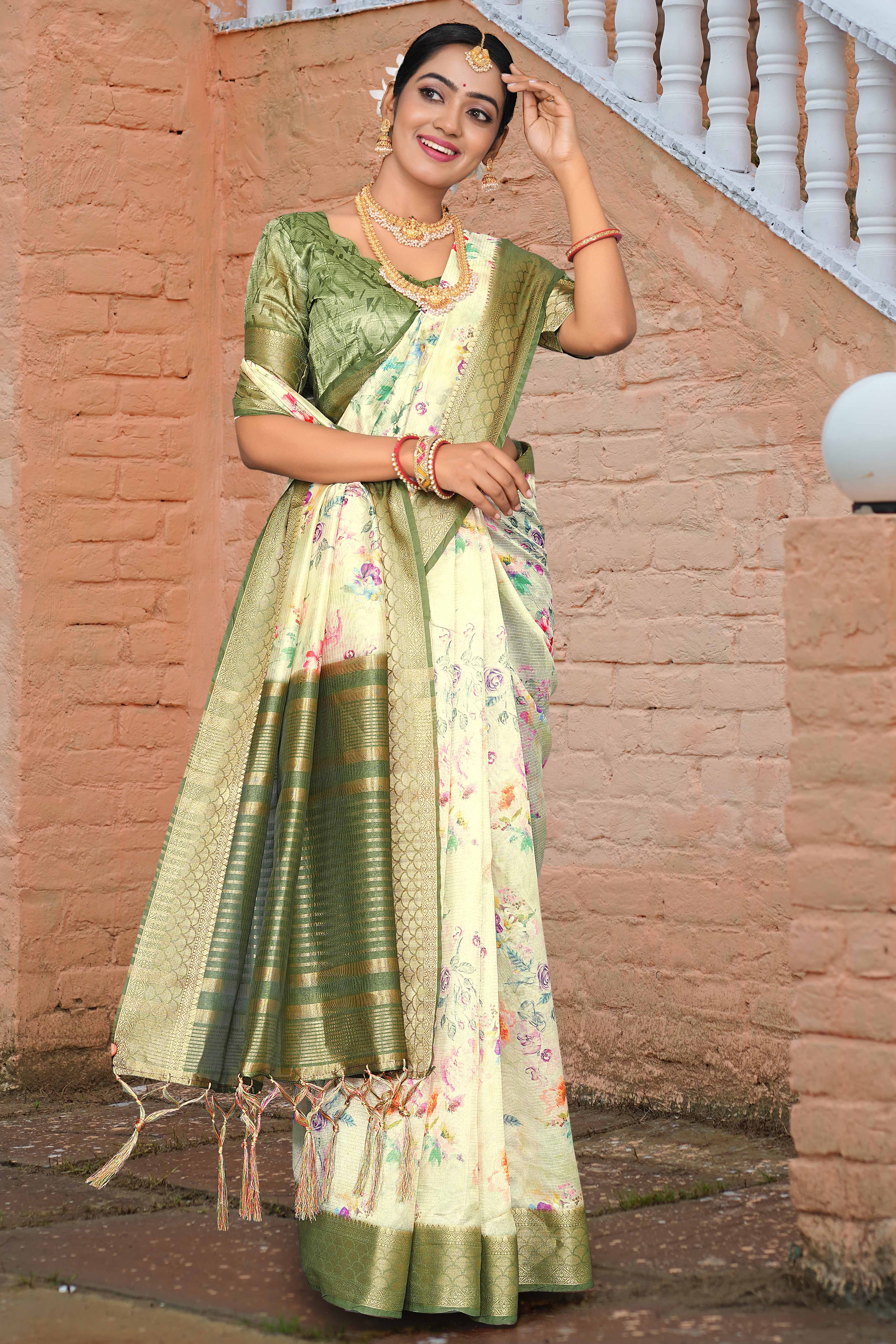 Pista Green Floral Digital Printed Silk Blend Saree With Intricate Weaving Border & Tassel Pallu - Image 3