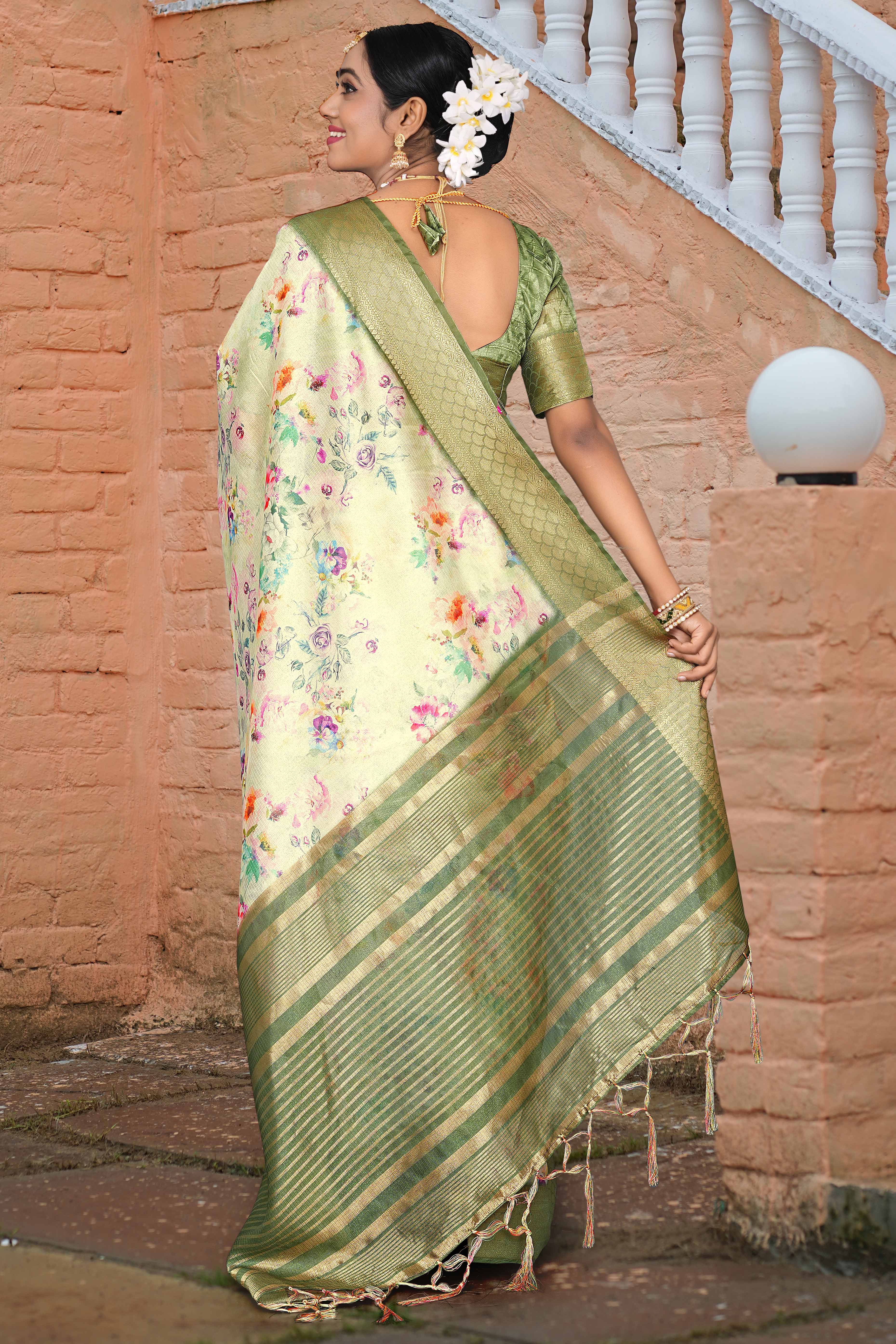 Pista Green Floral Digital Printed Silk Blend Saree With Intricate Weaving Border & Tassel Pallu - Image 4